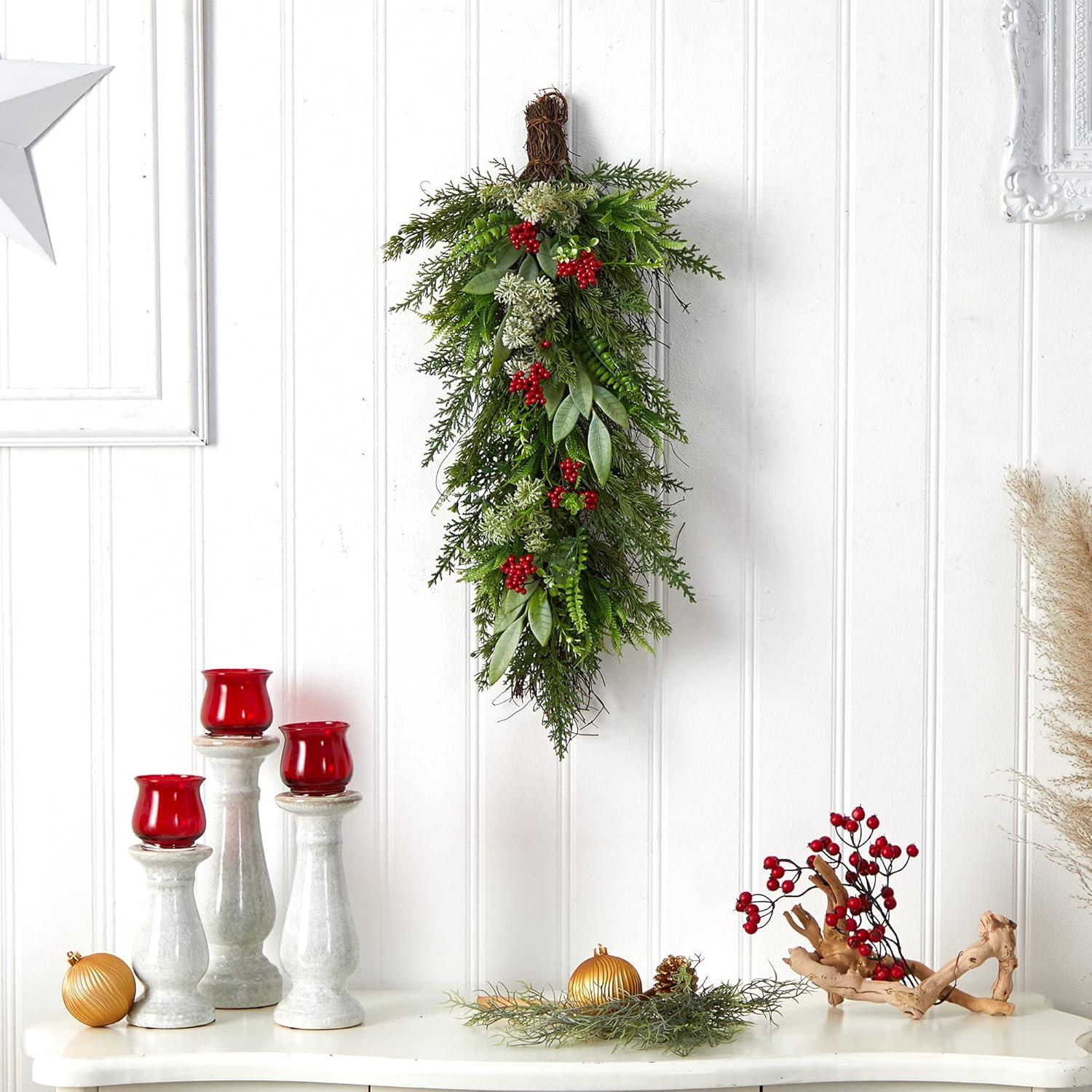 30" Green and Red Artificial Cedar Christmas Swag