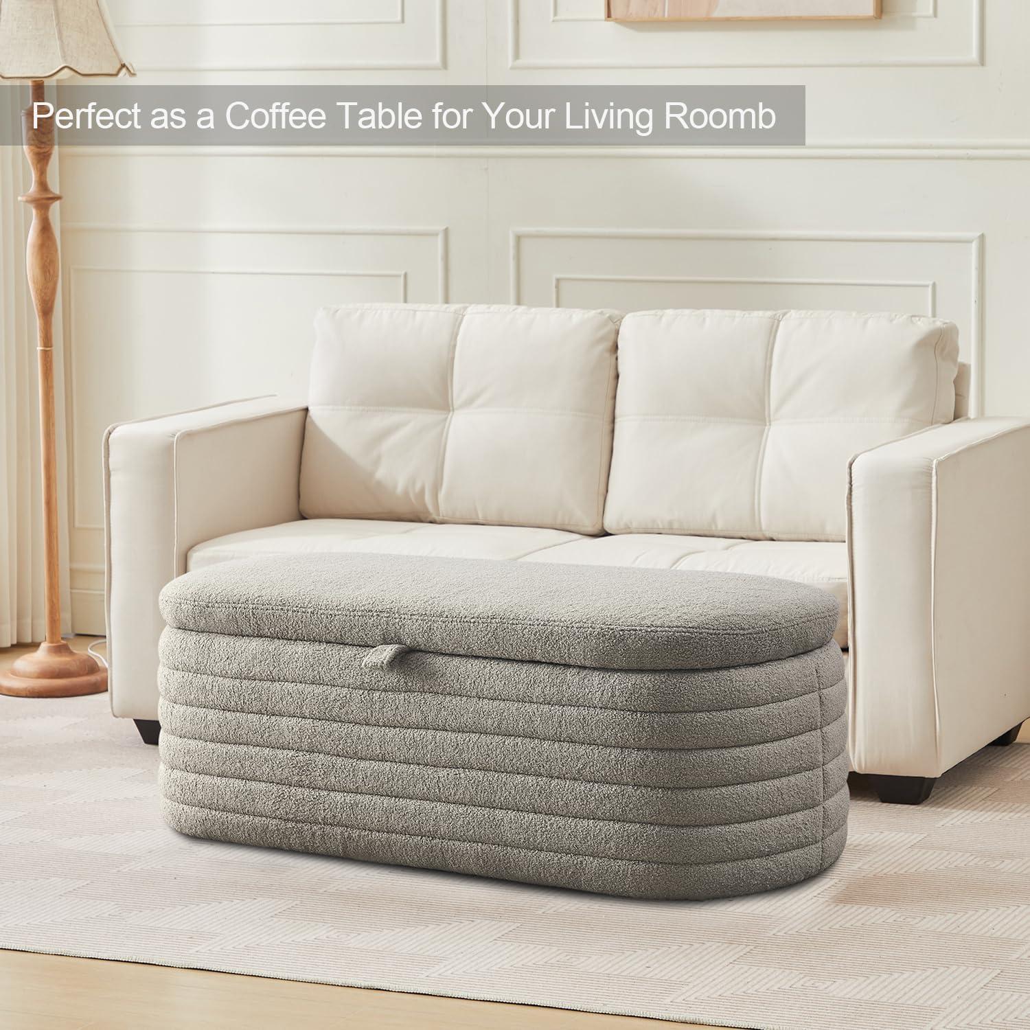 Gray Upholstered Fabric Storage Ottoman Bench with Safety Hinge