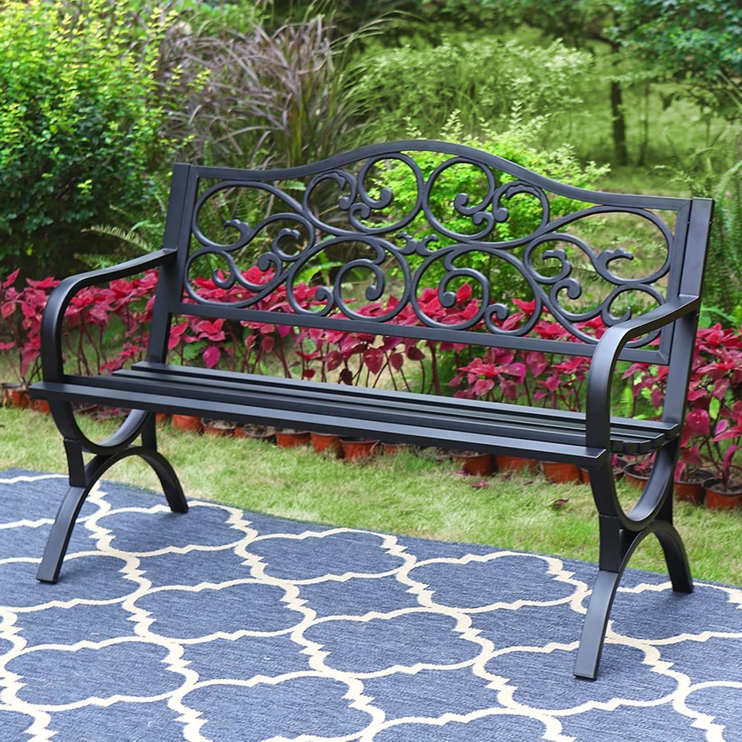 QSHIMY Patio Garden Bench 50 inch Outdoor Metal Loveseat Chairs with Armrests Slatted,Easy to Assemble,Sturdiness,Perfect for Outdoors,Black