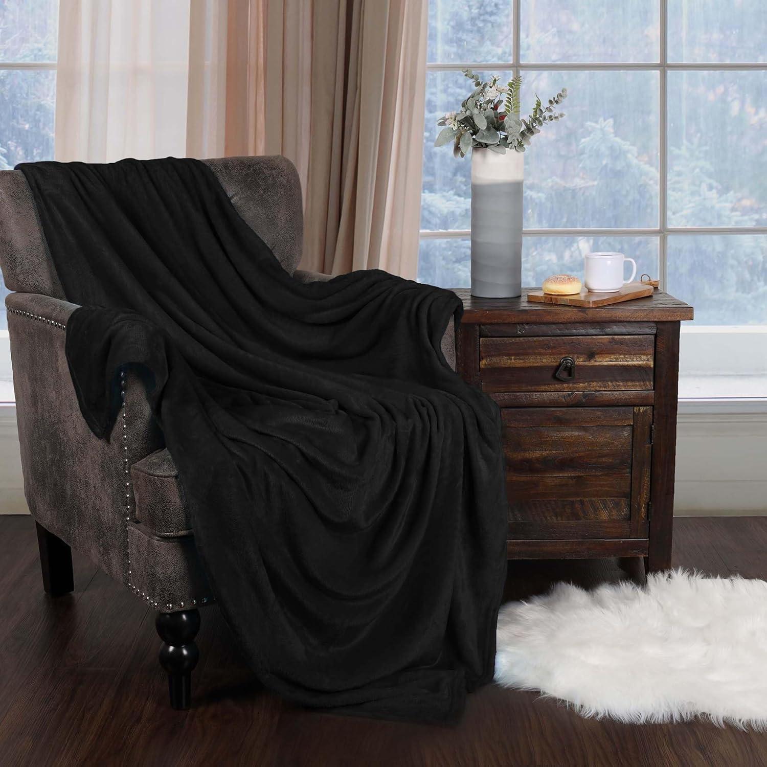 Superior Fleece Plush Fluffy Soft Blanket, Solid Black, Throw