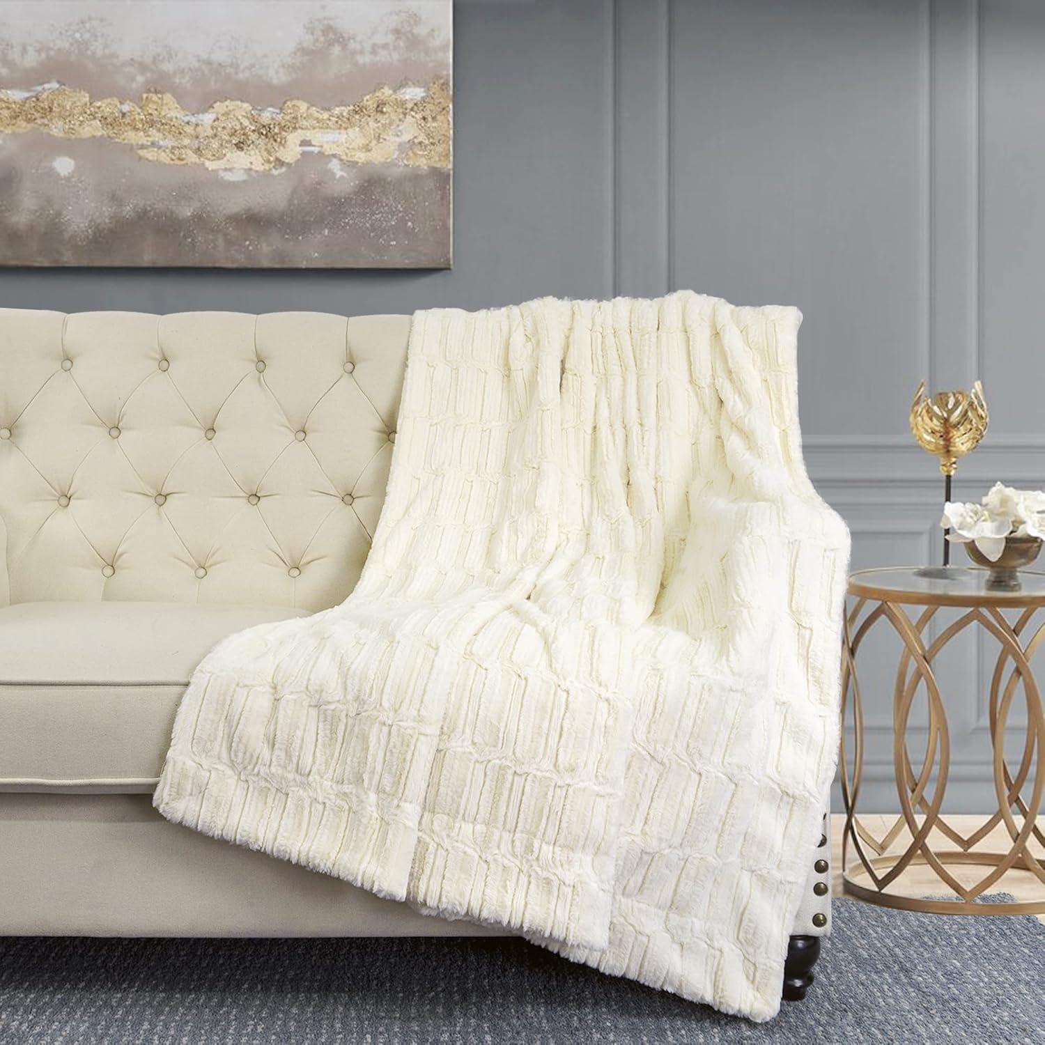 Ivory Reversible Sherpa Faux Fur Throw Blanket 50" x 60"