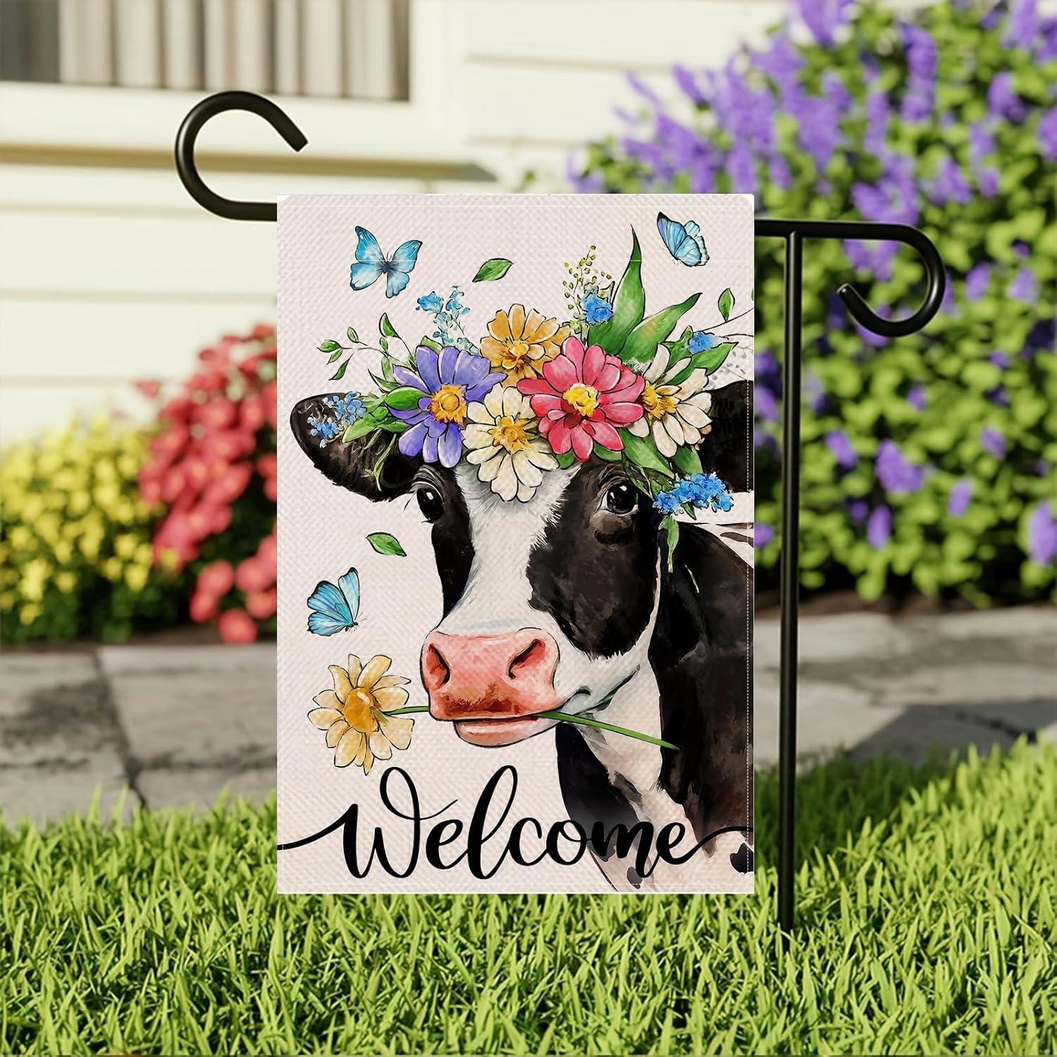 Spring Welcome Cow Garden Flag 12 x 18 inch Double Sided Outside decorations,Funny Cute Animal Flower Butterfly Small Garden Flags For Outdoor Yard Lawn