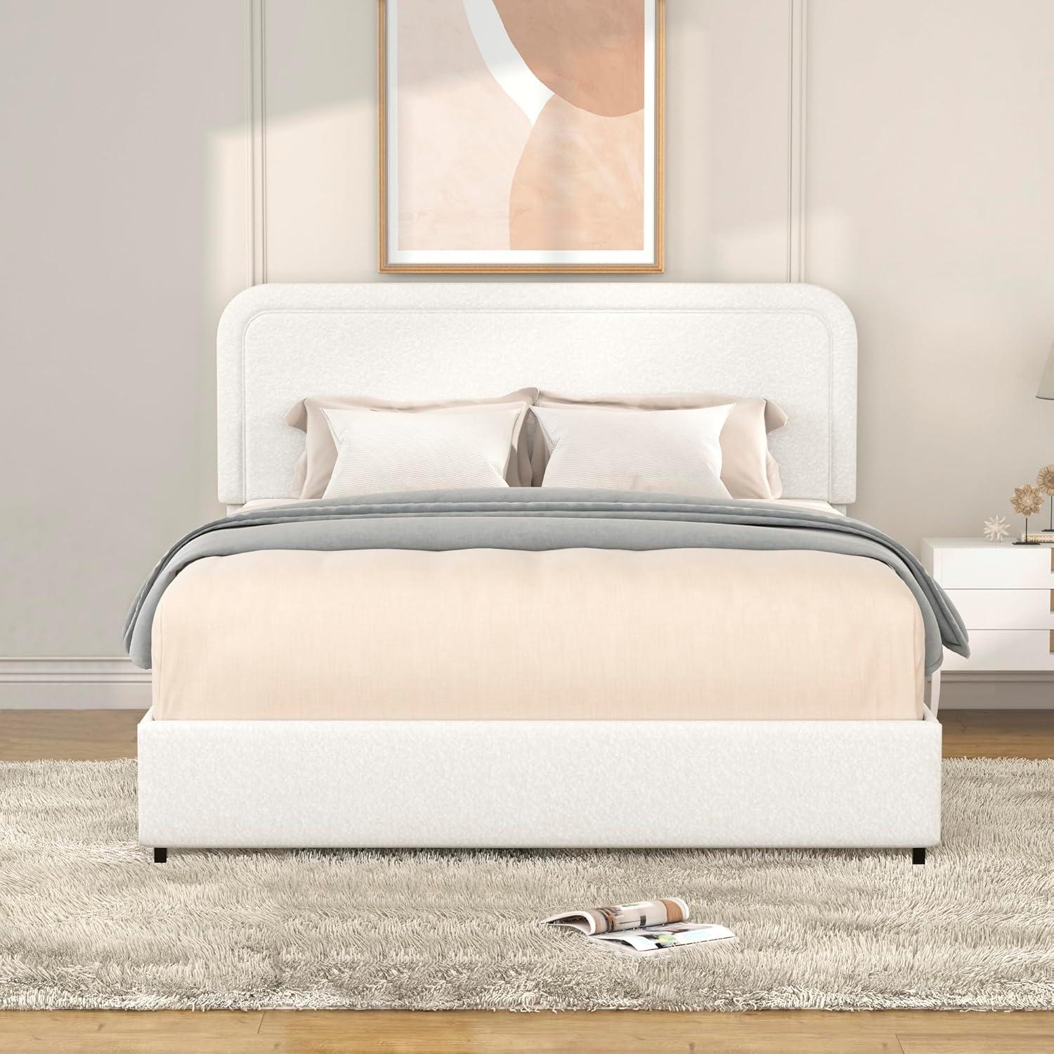 Llinc Store Queen Bed Frame with Adjustable Headboard, Bed Frame with Storage Ivory Boucle Upholstered Platform Bed with Patented 4 Drawers Storage