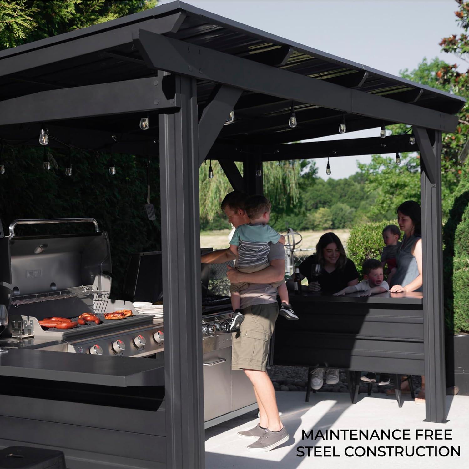 Rockport XL Black Steel Grill Gazebo with Galvanized Countertops