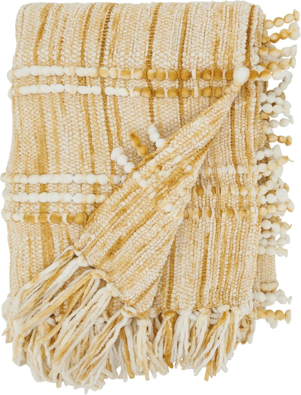 Rustic Gold and White Fringed Chenille Cotton Throw Blanket