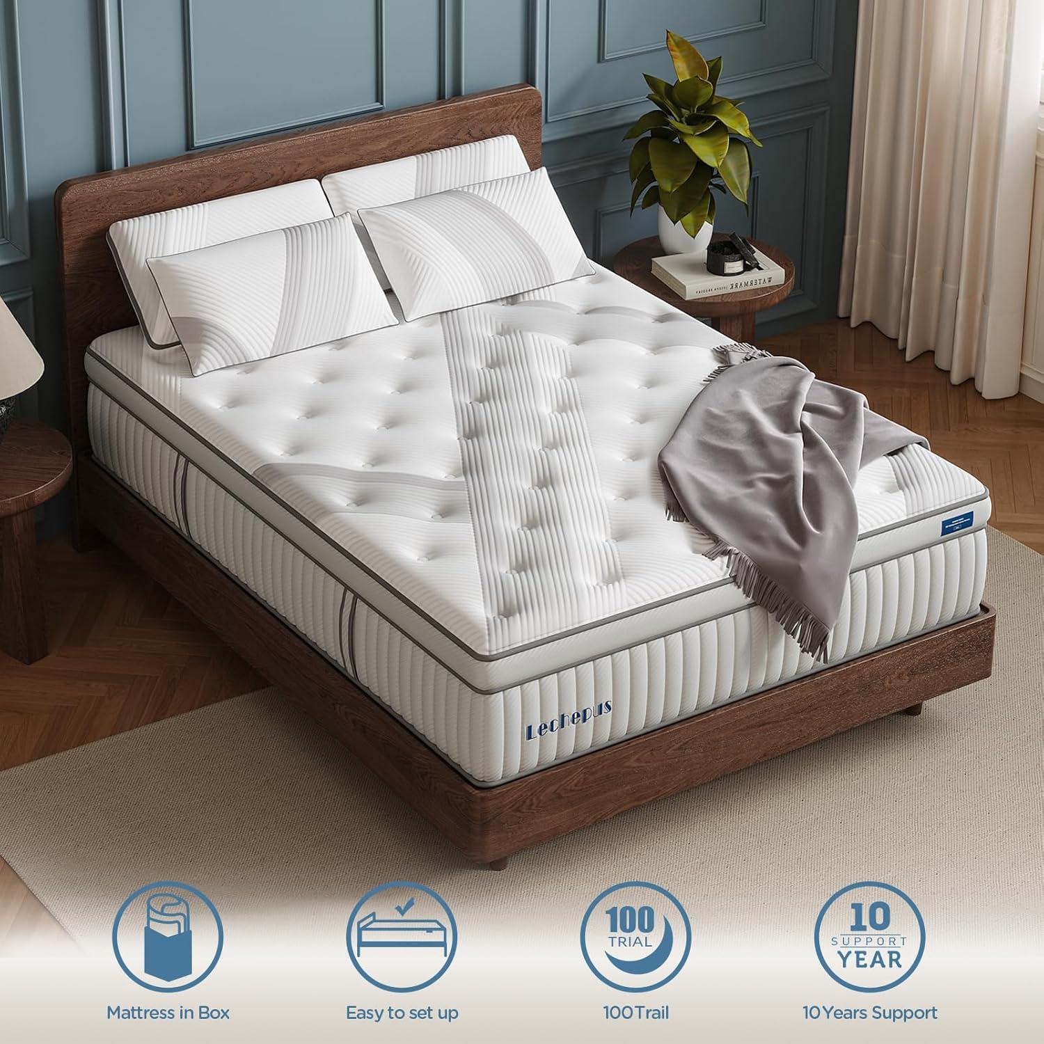 Lechepus 14 Inch Queen Mattress, Comfort Memory Foam Hybrid Mattress for Pressure Relief,  Medium Plush Feel Pocket Springs Mattress,  Mattress in Box, CertiPUR-US Certified