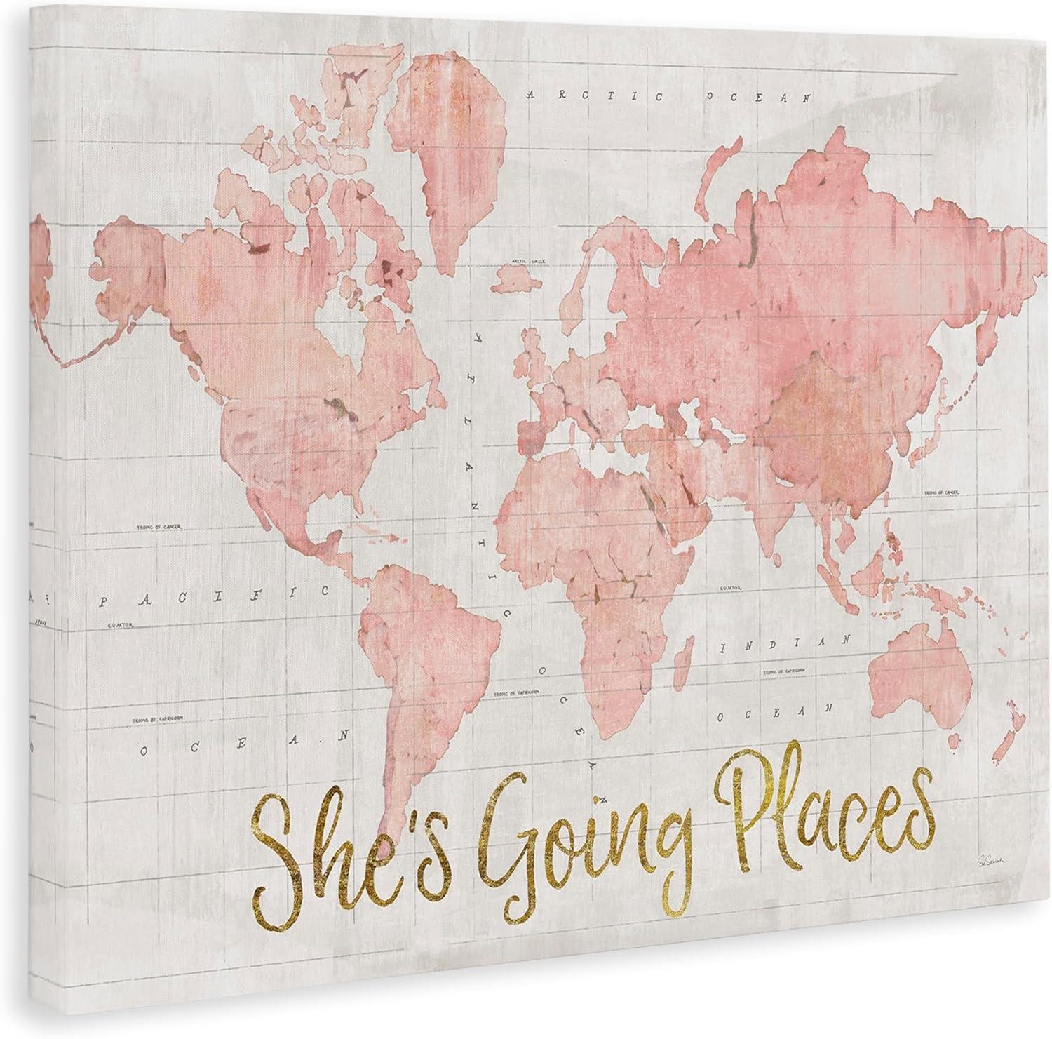Stupell Industries She's Going Places Quote Pink Watercolor World Map Gallery Wrapped Canvas Wall Art, 16 x 20