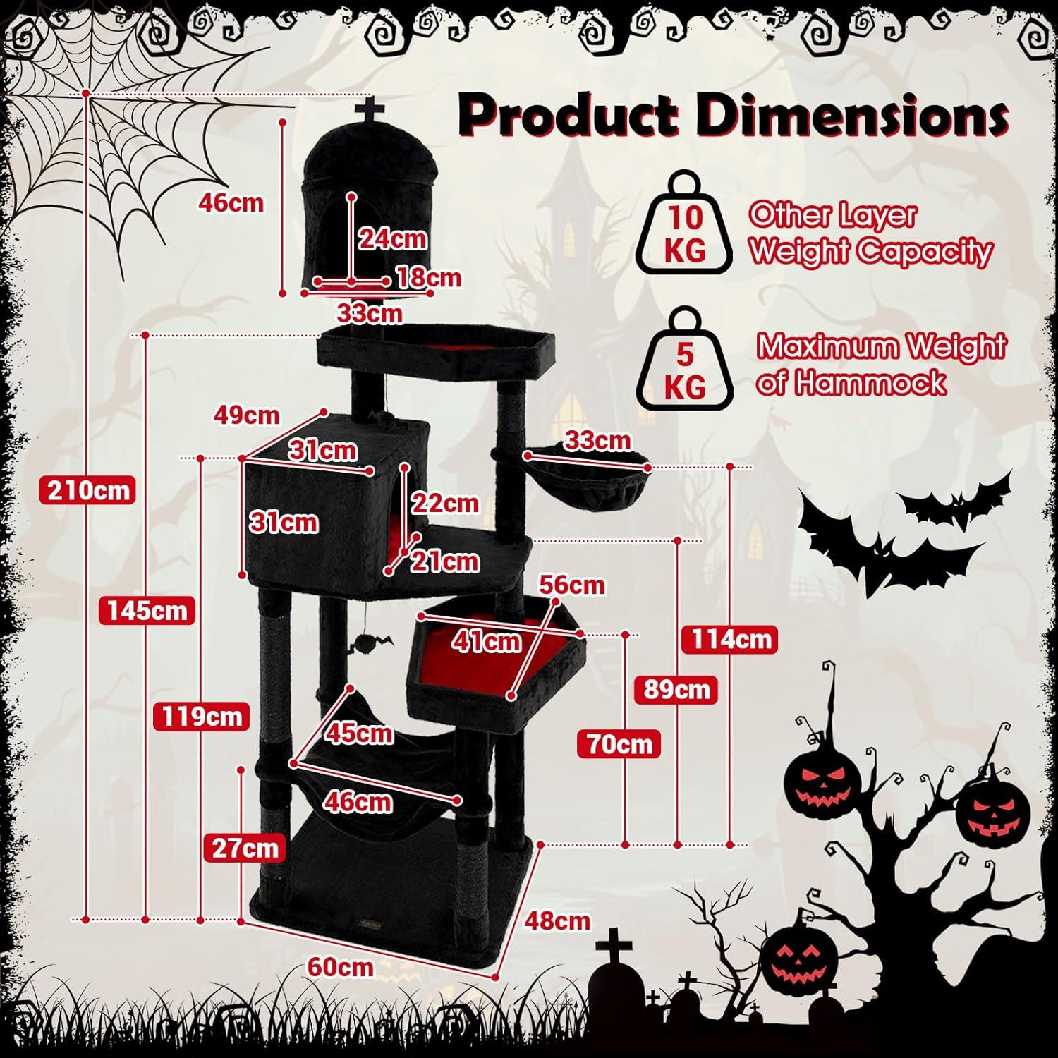 PETSITE 83 Inch Tall Gothic Cat Tree, Multi-Level Halloween Cat Tower with Coffin Beds, Scratching Posts, 2 Cat Condos, Dangling Balls, Hammock, and Basket Bed, Goth Cat Tree for Indoor Cats, Black
