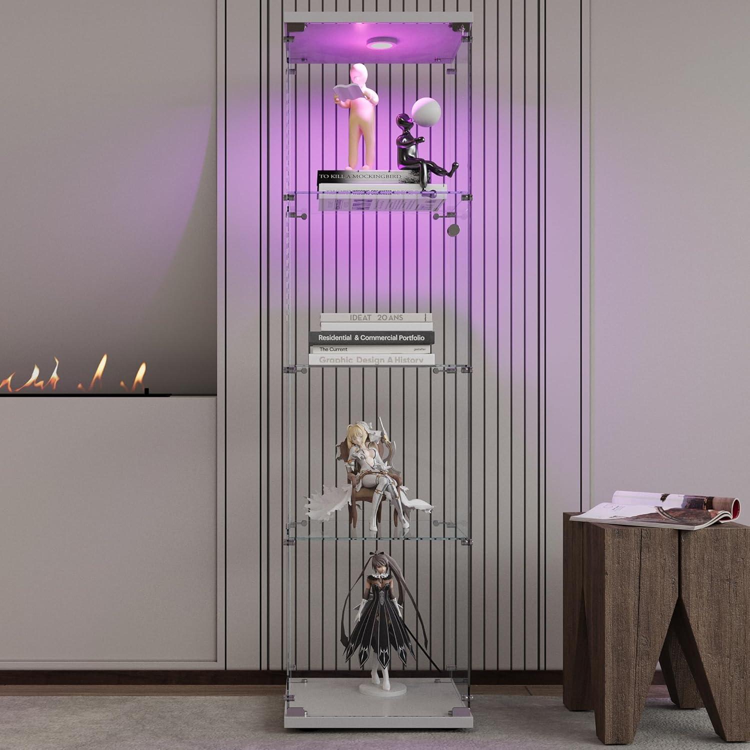 Glass Display Cabinet with LED Light,4 Tier Shelf Glass-Door Cabinet in Clear,Floor Standing Curio Cabinets Collection Display Case Glass Bookshelf