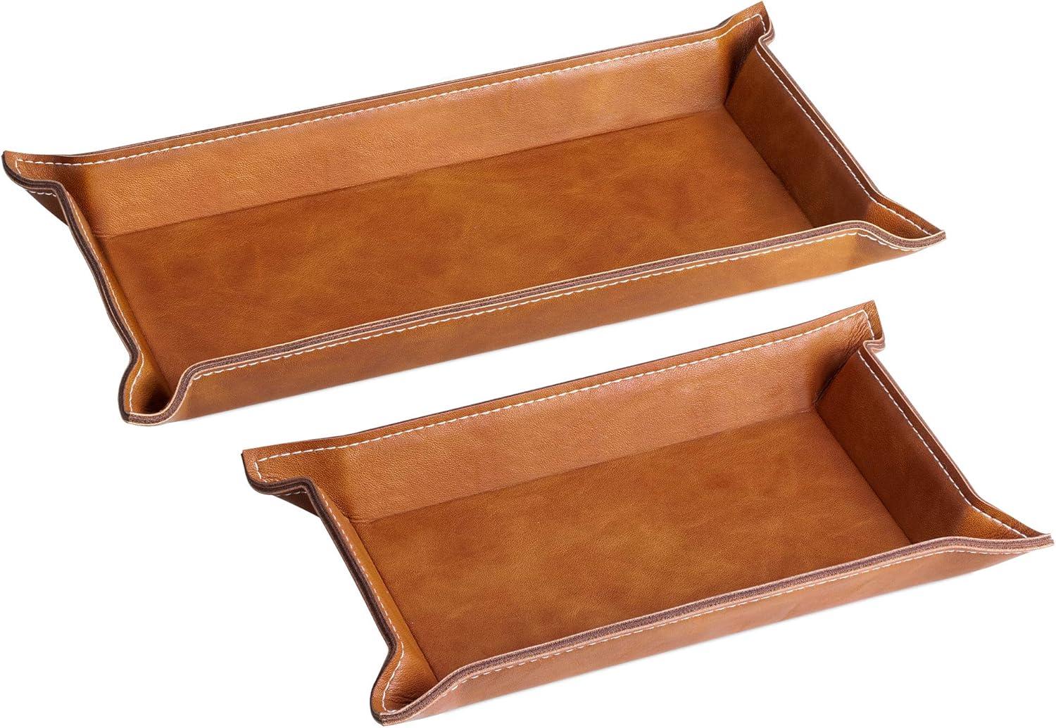 Navaris Faux Leather Tray Set - 2 Valet Organizer Trays for Bedside Table, Retro Fashion - Desk Storage Plate for Key Coin Phone Wallet (Brown)
