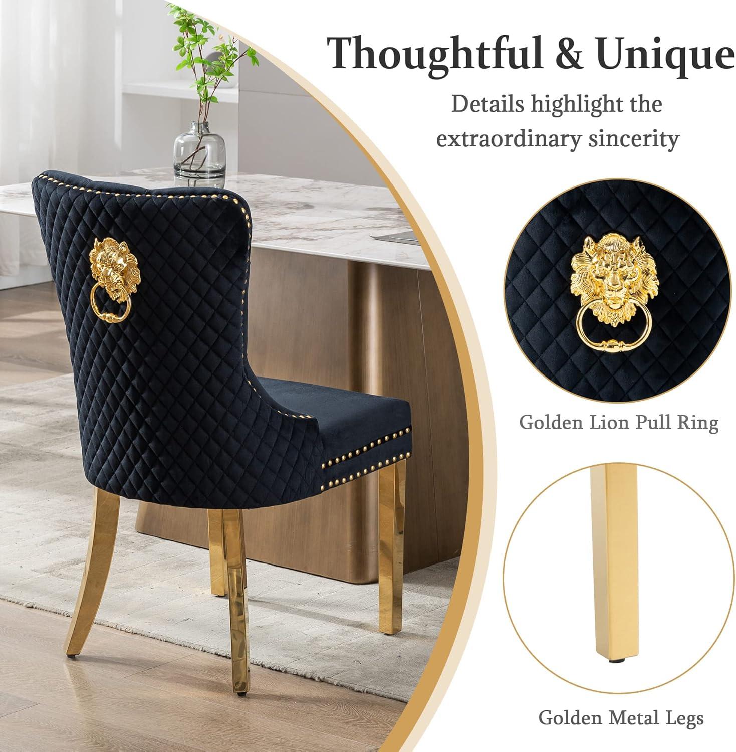 ODUSE-DAILY Black Velvet Dining Chairs Set of 6, Kitchen & Dining Room Chairs, Nailheads Tufted, Sillas De Comedor, Fabric Upholstered, Golden Metal Legs (Black, 6 Pcs)