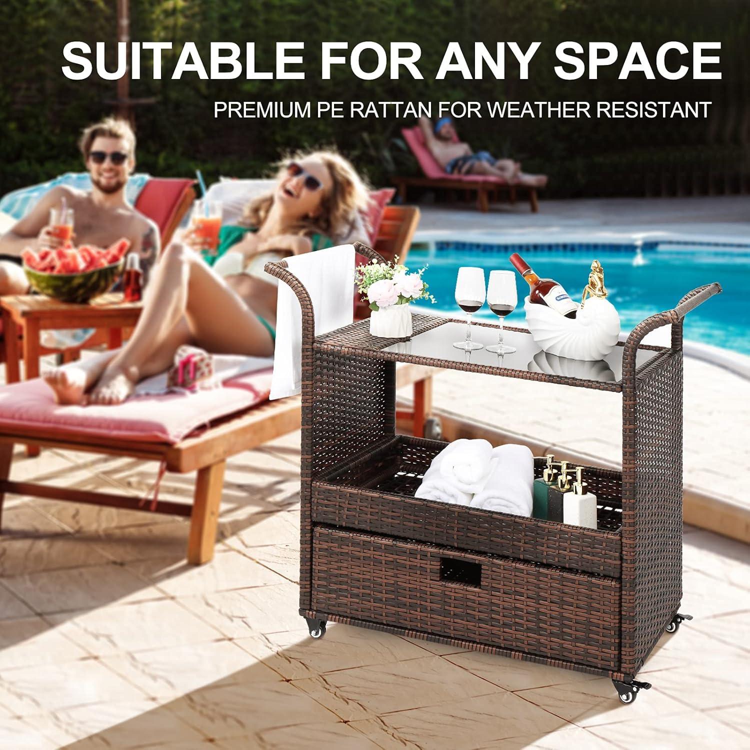 Outvita Outdoor Rolling Wicker Bar Cart, Rolling Rattan Beverage Bar Counter Table with Ample Storage Basket, Drawer and Loakable Wheels Glass Top for Patio Poolside Party