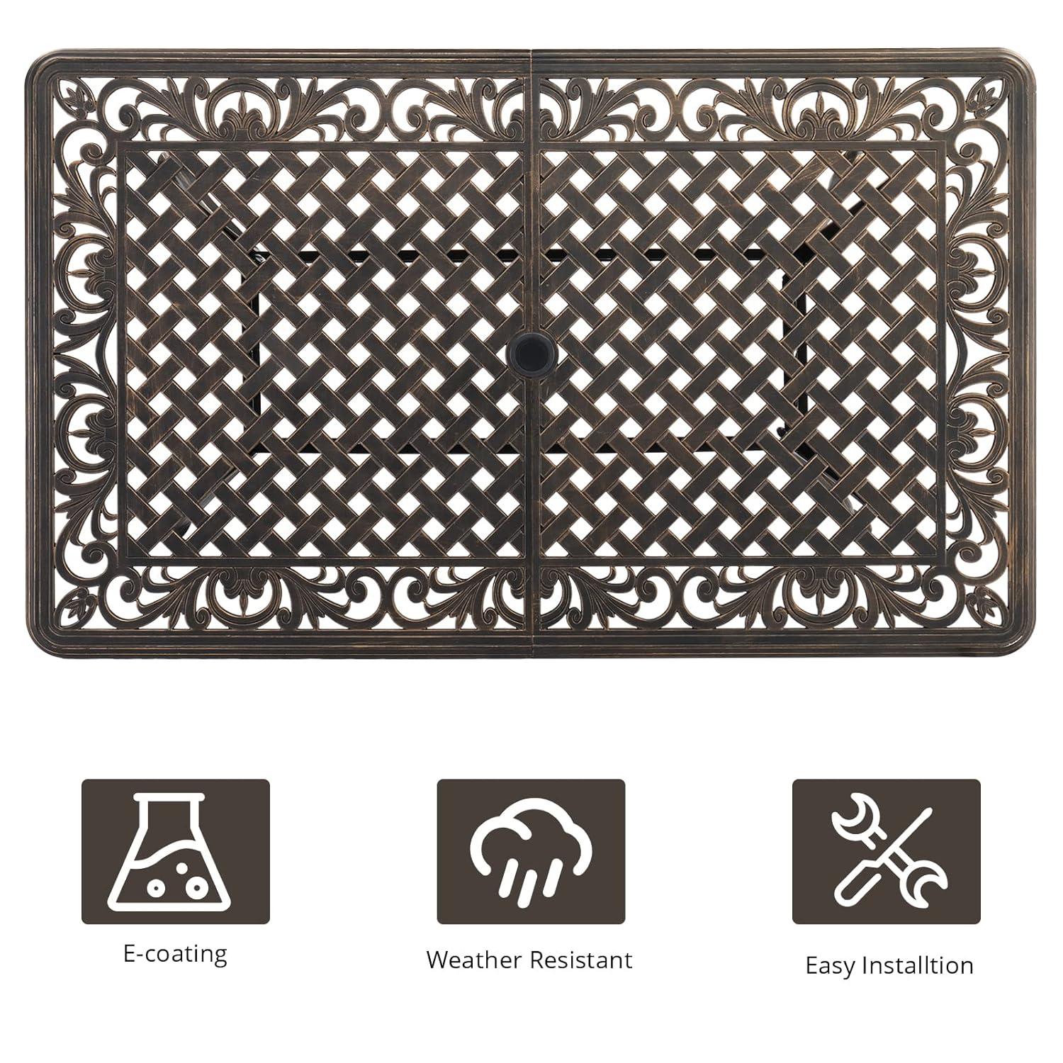 Outvita 59inch Patio Dinning Table, Outdoor Cast Aluminum Large Rectangle Table with Umbrella Hole and Antique Design for Backyard Pool Balcony Deck