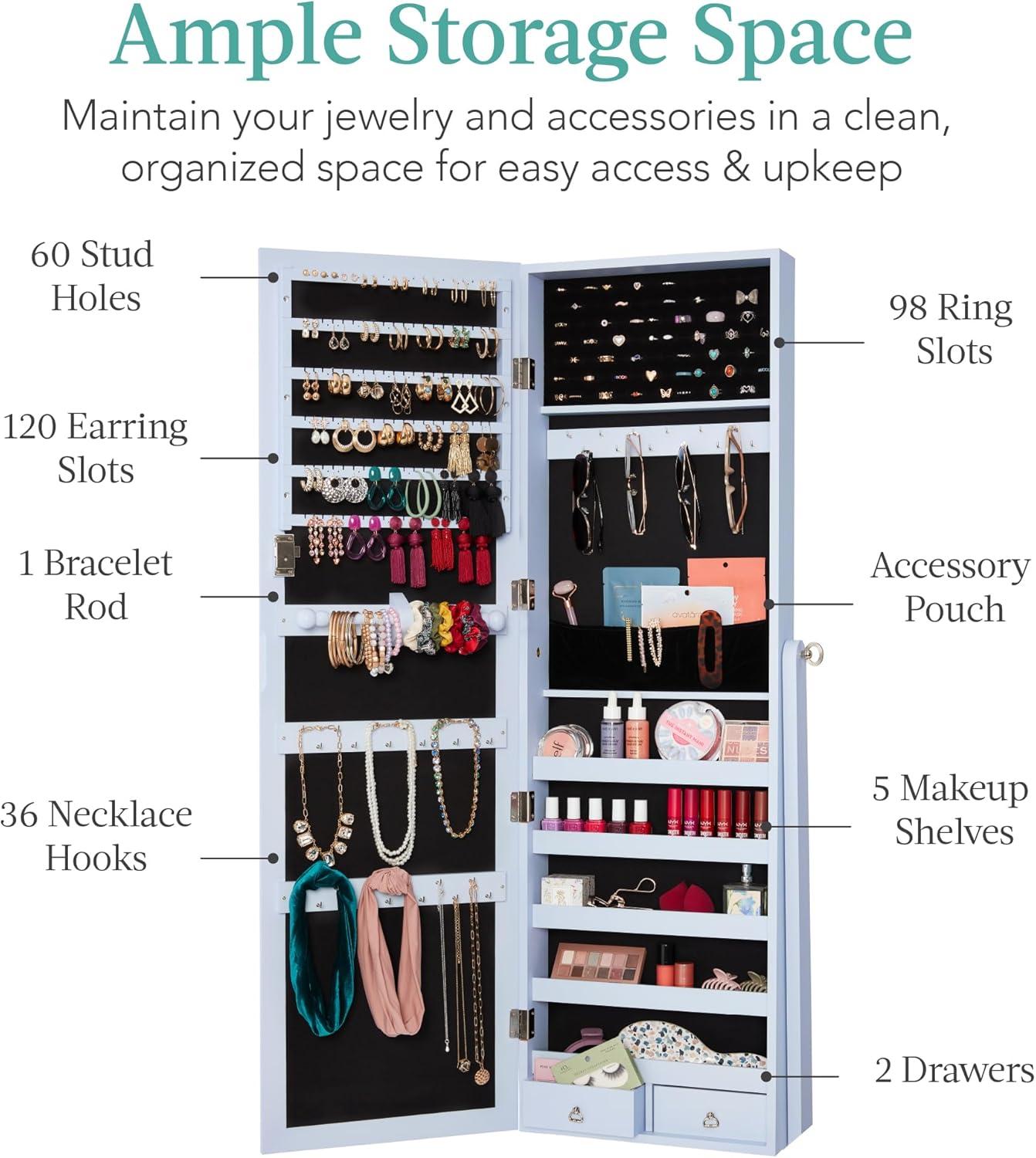 Best Choice Products Jewelry Armoire Cabinet, Full Length Mirror w/ Velvet Storage Interior, Lock