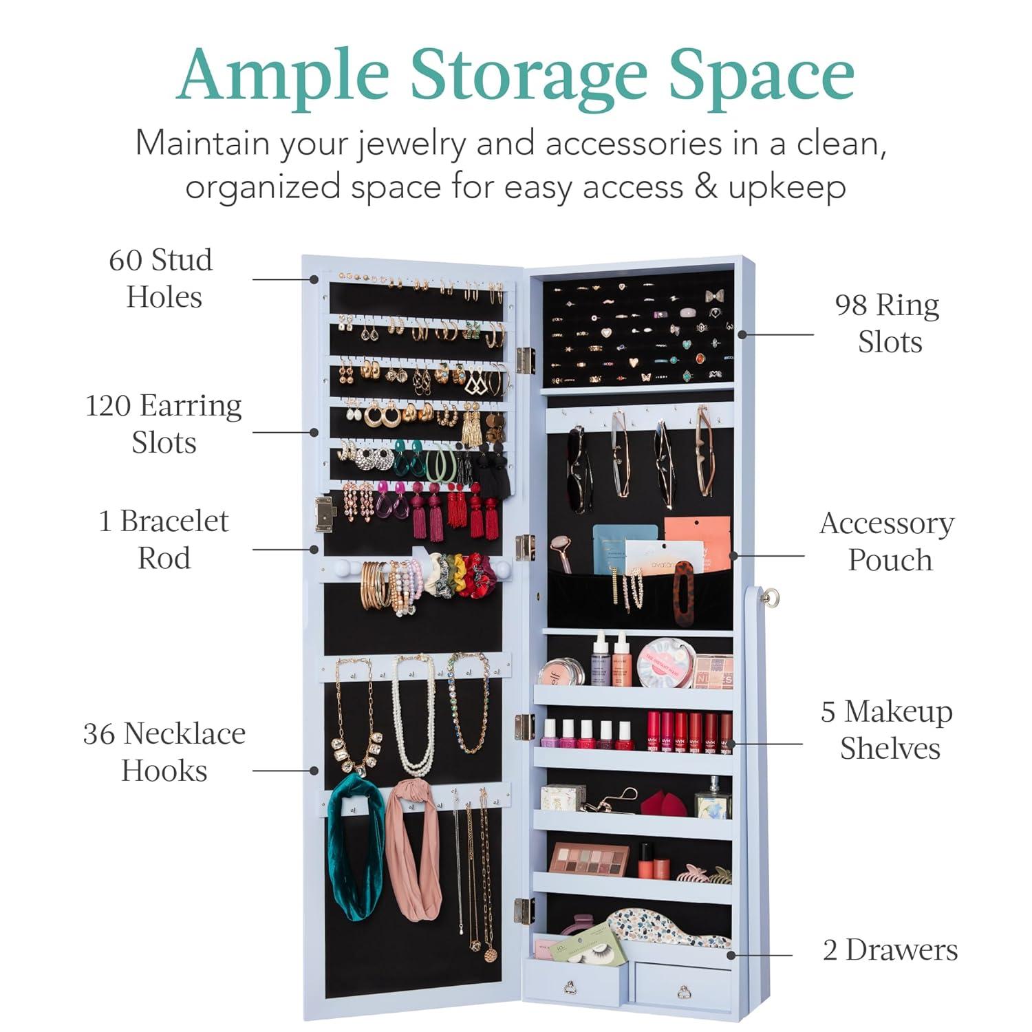 Best Choice Products Jewelry Armoire Cabinet, Full Length Mirror w/ Velvet Storage Interior, Lock - Powder Blue