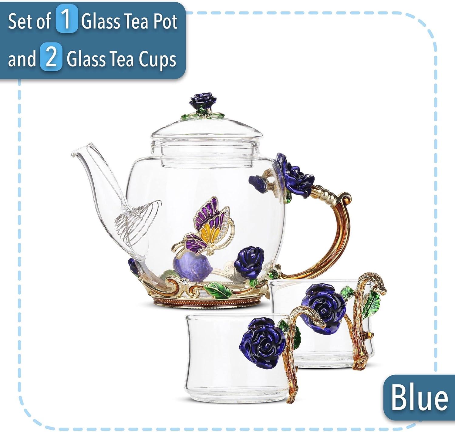 Elegant Floral Glass Tea Set with Butterfly and Rose Details