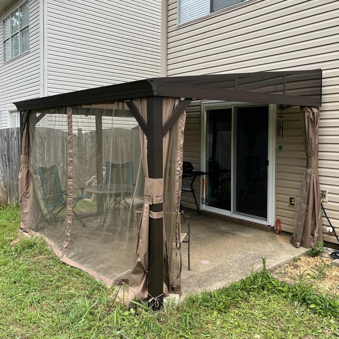 Domi 10x12FT Lean to Gazebo, Hardtop Wall Mounted Gazebo with Sloping Galvanized Steel Roof, Wall Pergola with Aluminum Frame, Curtains and Netting, for Patio, Deck, Garden, Backyard