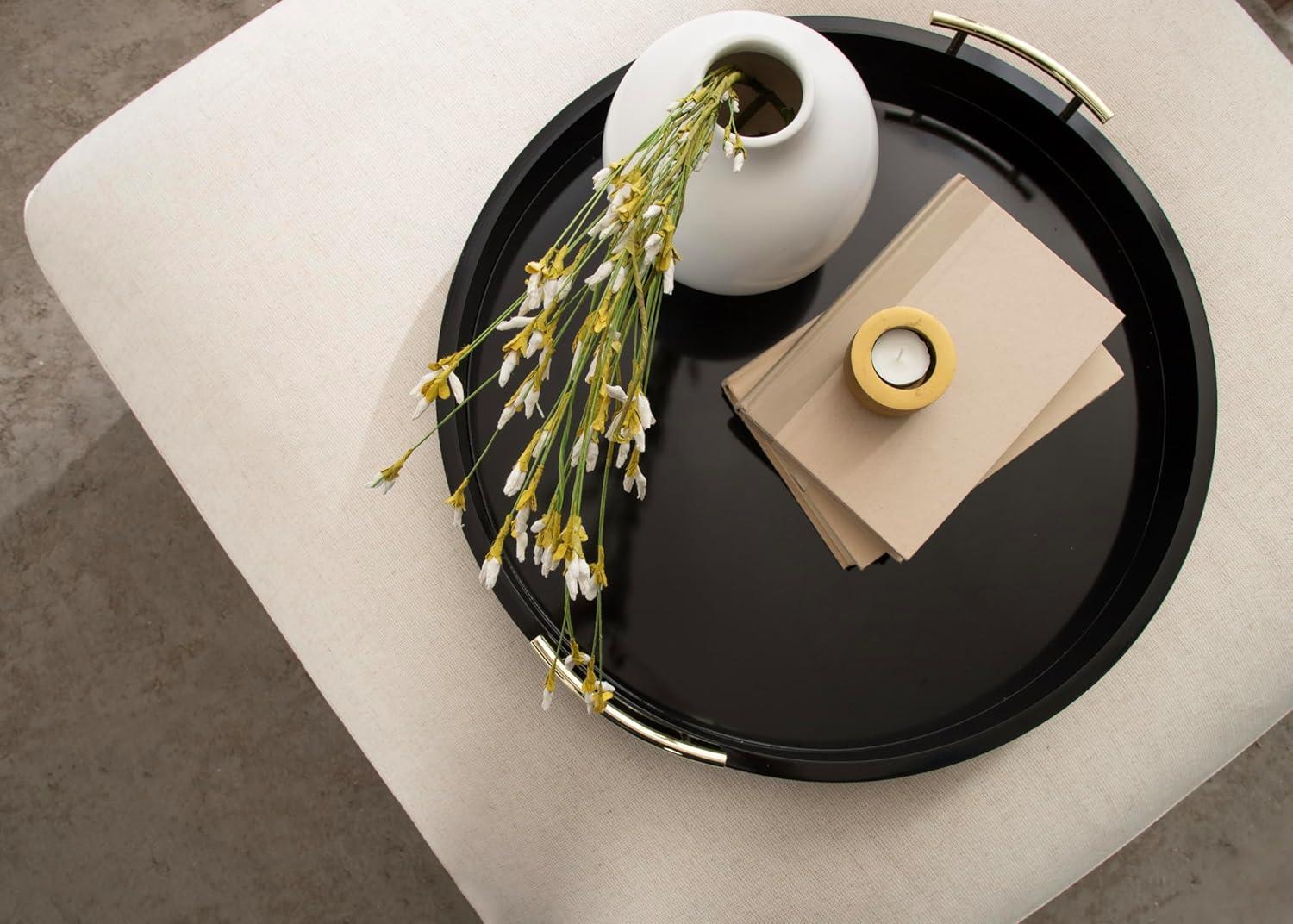 Kate and Laurel Lipton Round Decorative Tray with Metal Handles, 22" Diameter, Black