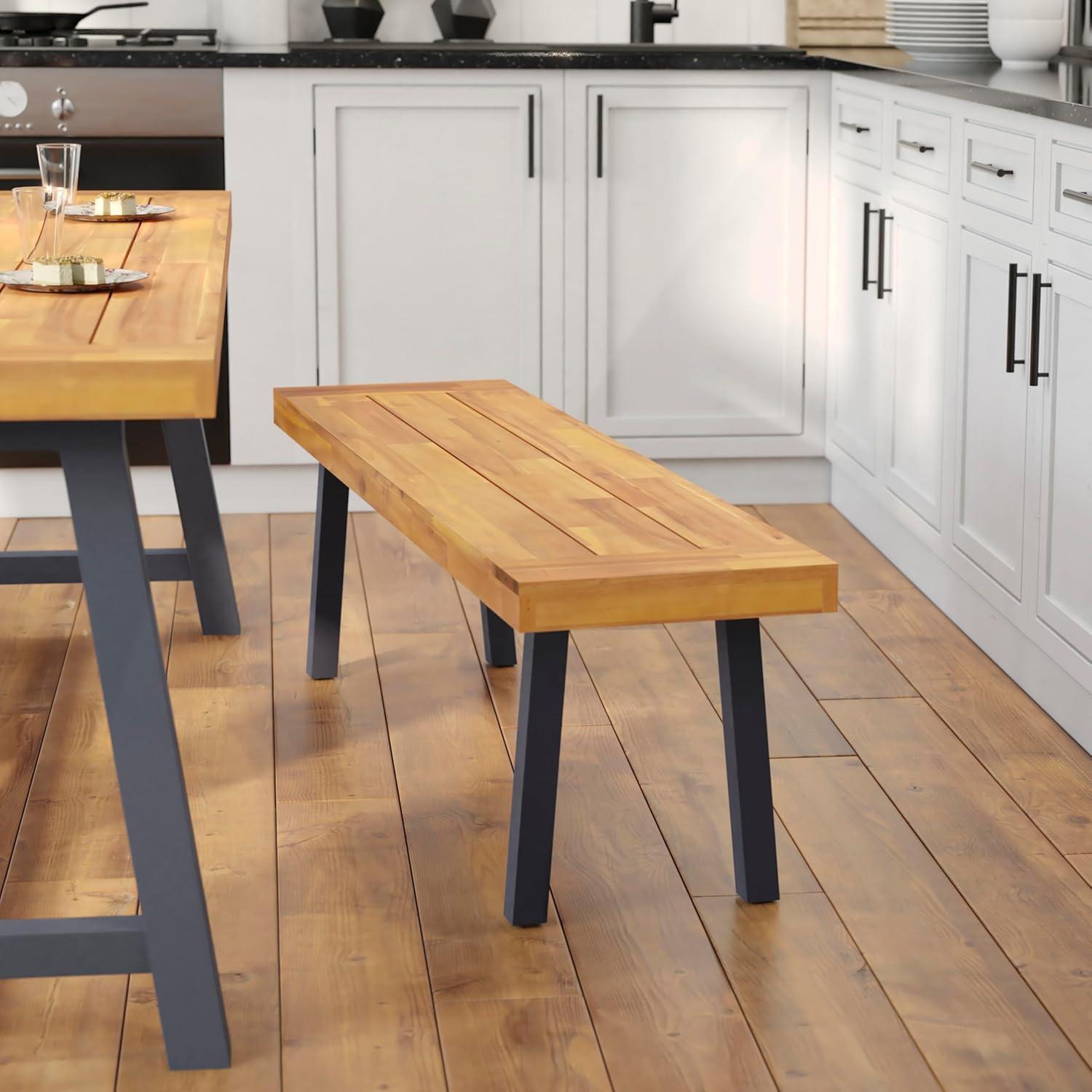 Flash Furniture Martindale Solid Acacia Wood Patio Dining Bench for 2 with Slatted Top and Black Flared Wooden Legs in a Natural Finish