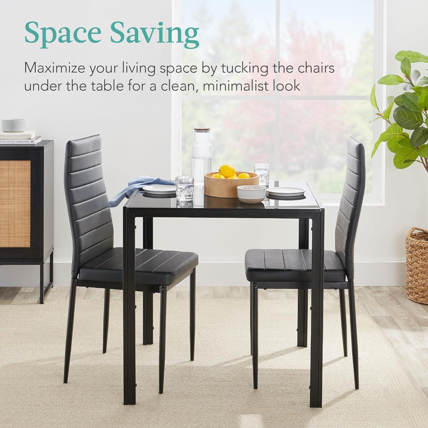 Black 3-Piece Glass Dining Set with PU Leather Chairs