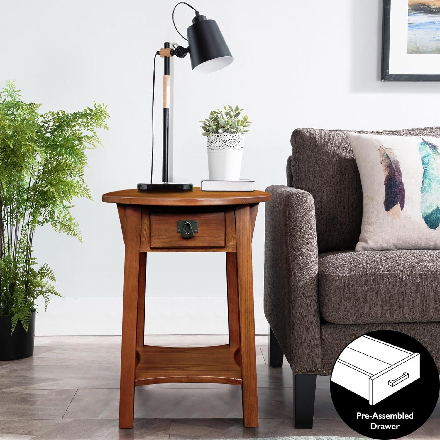 Leick Home 9056-RS Mission Round End Table with Drawer, Made with Solid Wood, Side Table for Living Room, Bedroom, and Office, Russet Finish