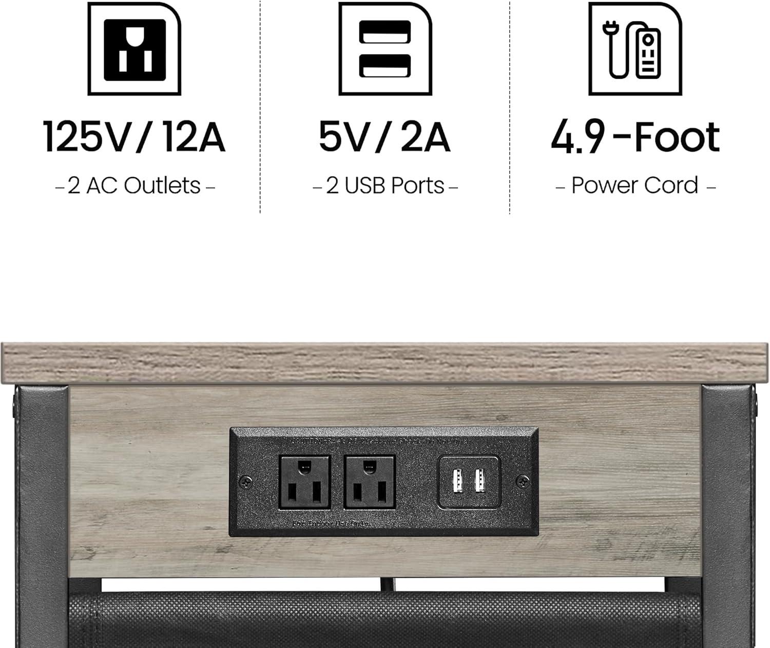 Set of 2 Gray Metal C-Shaped End Tables with Charging Station