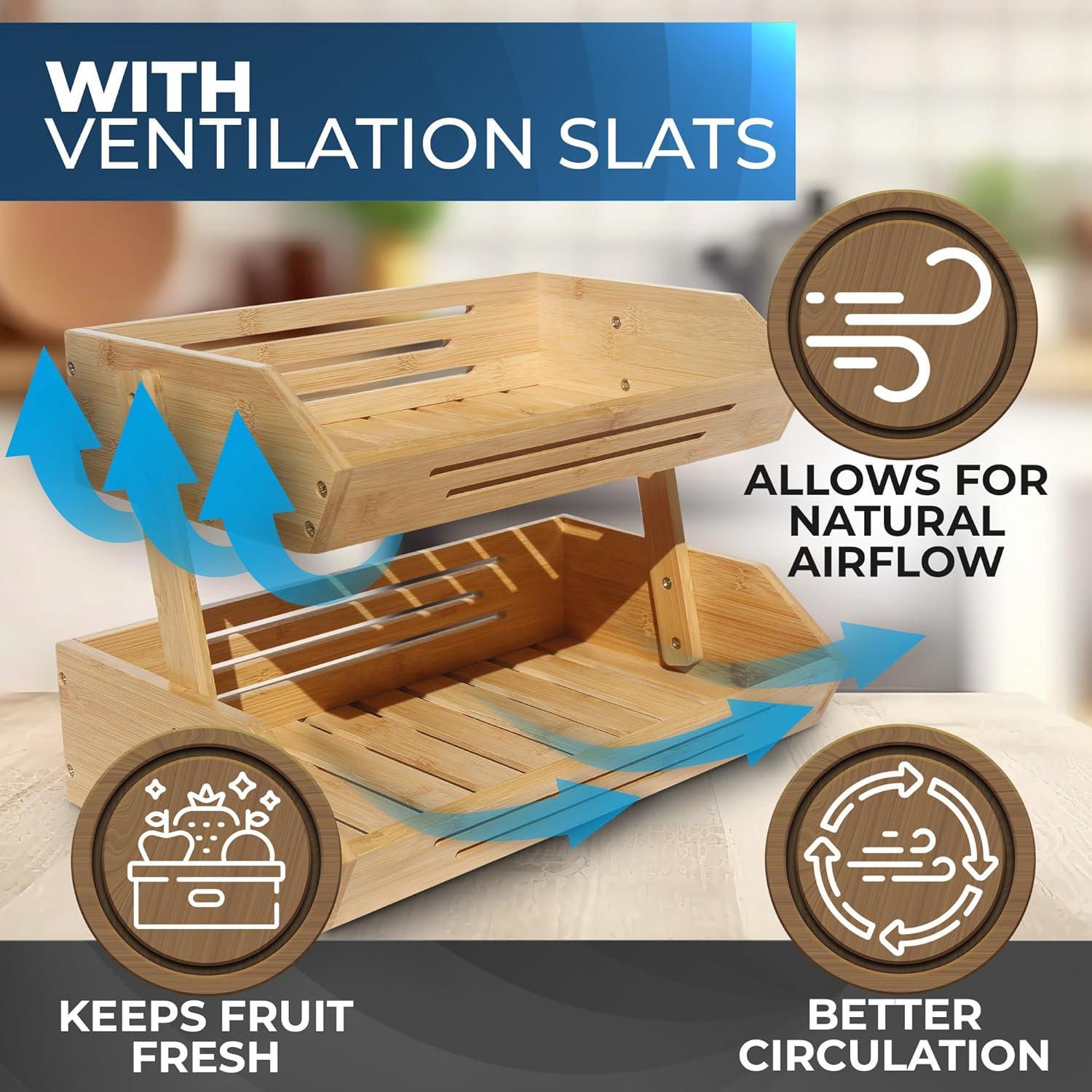 Foundry Select Fruit Basket W/Banana Hanger, 2-Tier Bamboo Fruit & Vegetable Storage Organizer For Kitchen Counter, Lightweight & Easy Assembly Countertop Fruit Stand Holder Bowl