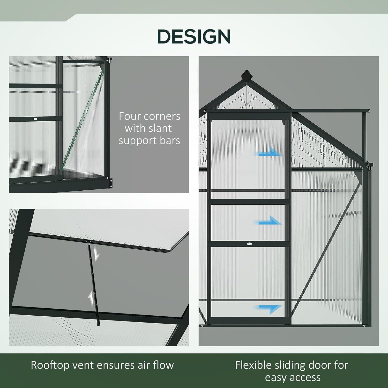 Gray Polycarbonate and Aluminum Walk-In Greenhouse with Sliding Door