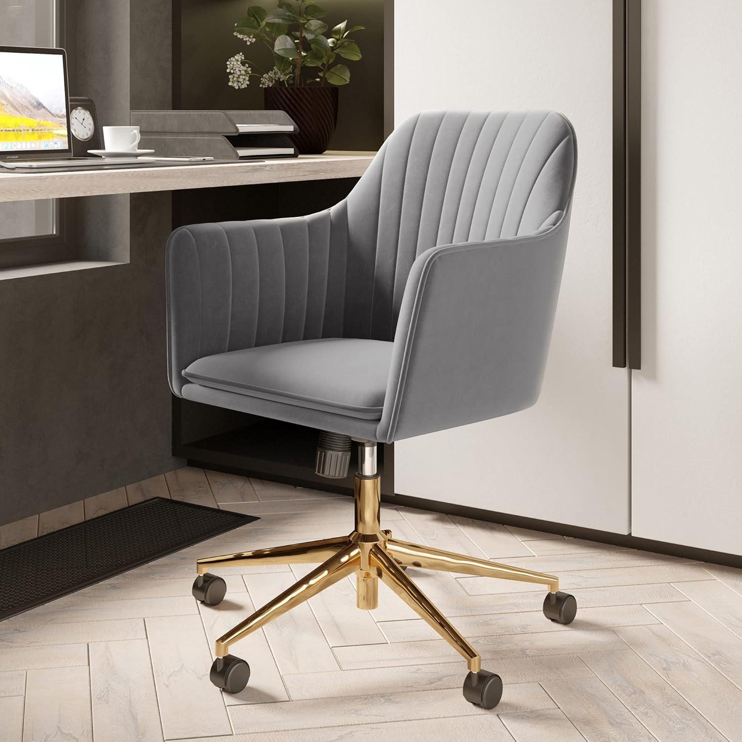 Modern Velvet Adjustable Office Chair in Grey & Gold with Swivel Wheels