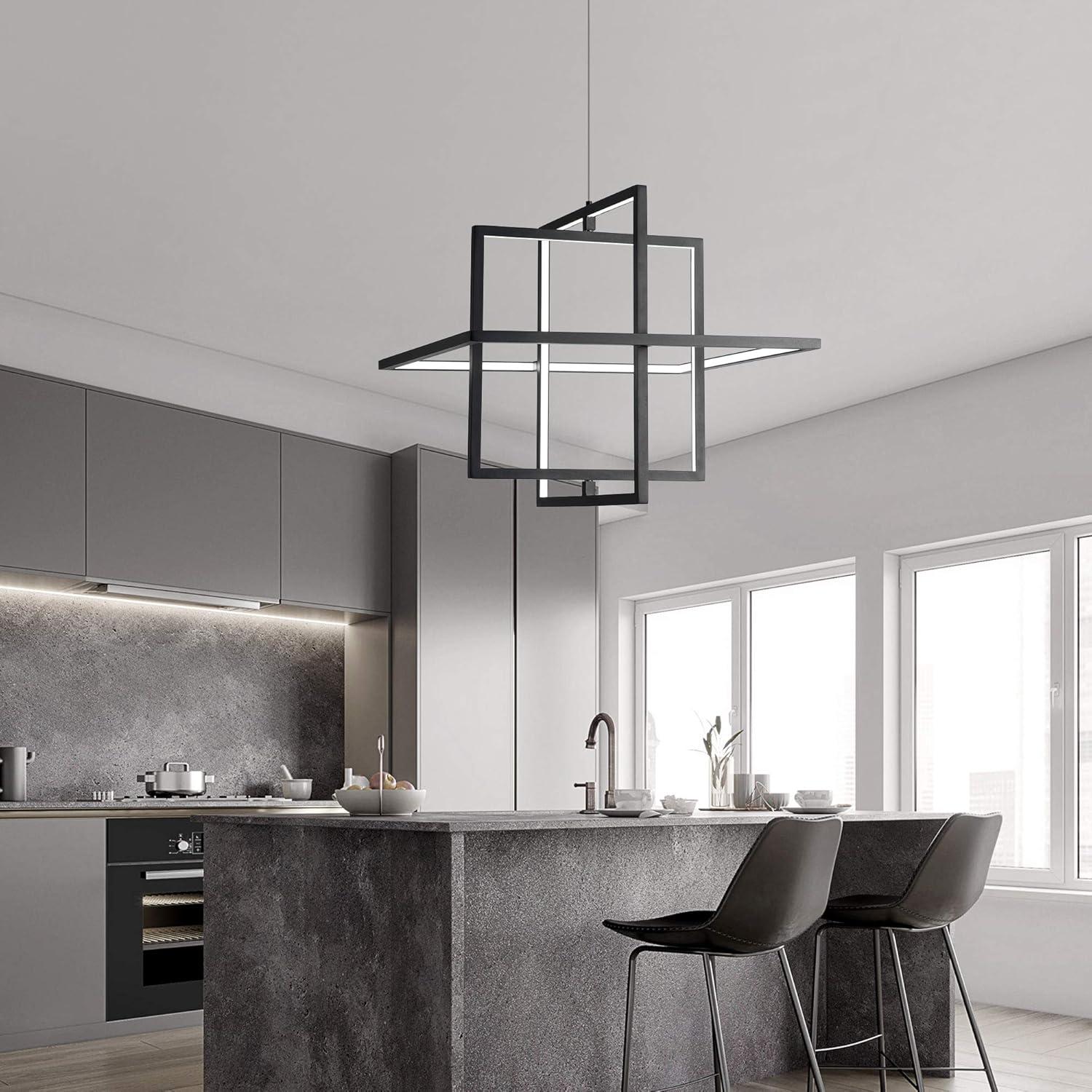 Modern LED Chandelier Led Pendant Light Square Contemporary Chandelier Hanging Light Dimmable for Living Room, Dining Room, Bedroom, Kitchen, Stydy Room 90W 6000K Cool Light (Black)