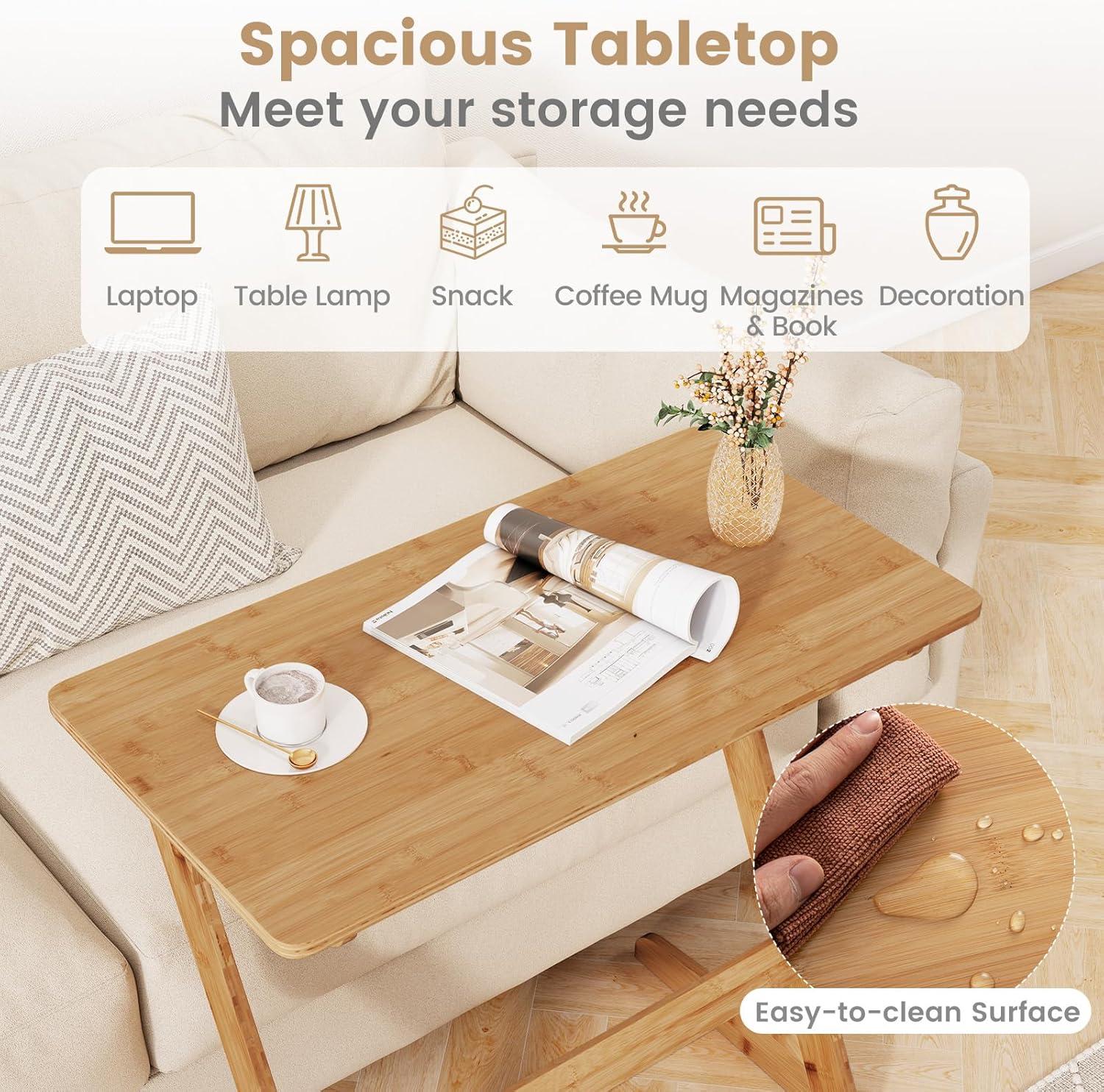 Costway 2 PCS Bamboo Sofa Side Table Z-Shaped Spacious Tabletop Space-Saving TV Snack Tray Natural