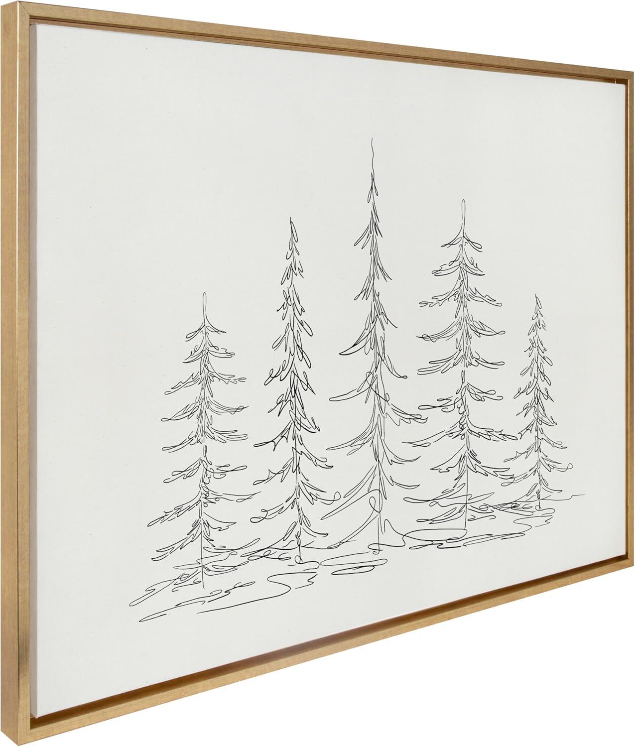 Kate and Laurel Sylvie Minimalist Evergreen Trees Sketch Framed Canvas Wall Art by The Creative Bunch Studio, 28x38 Gold, Modern Minimal Tree Line Wall Art