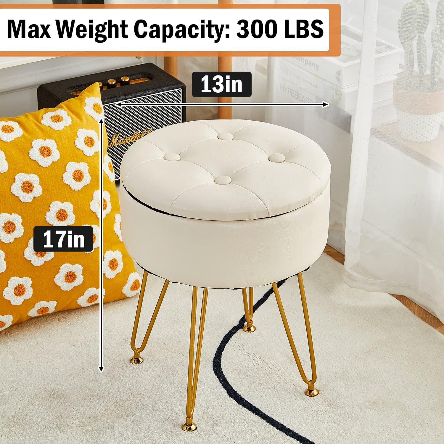 White Faux Leather Round Storage Ottoman with Gold Metal Legs