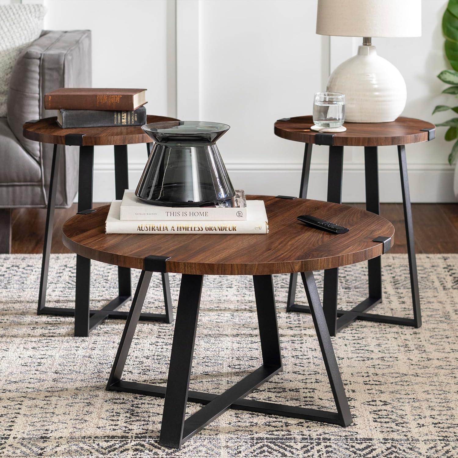 Walker Edison 3 Piece Industrial Wrap Leg Accent Table Set, Dark Walnut