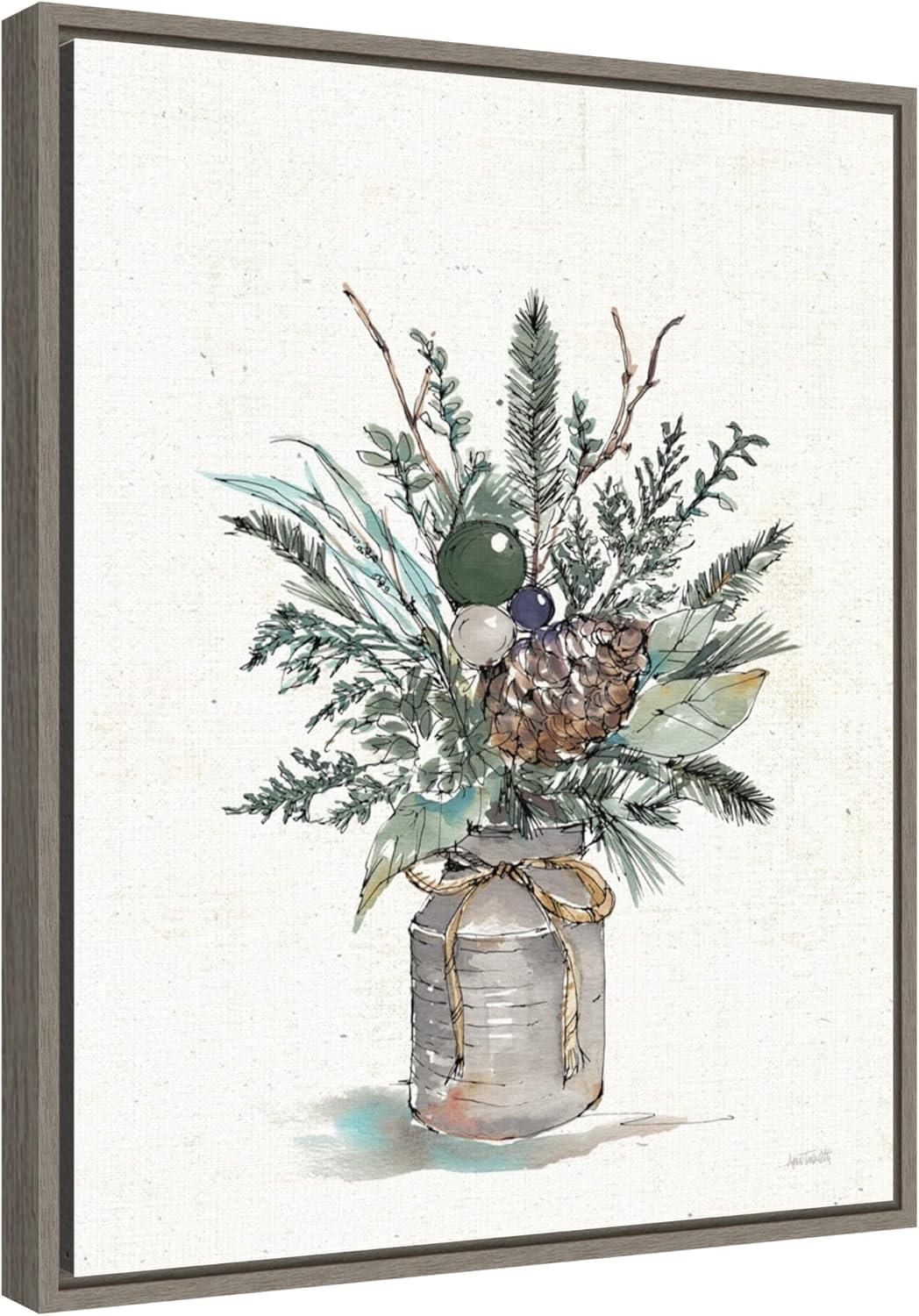 Amanti Art Seasonal Charm Greenery I (Christmas Vase) by Anne Tavoletti Canvas Wall Art Print Framed 16 x 20-in.