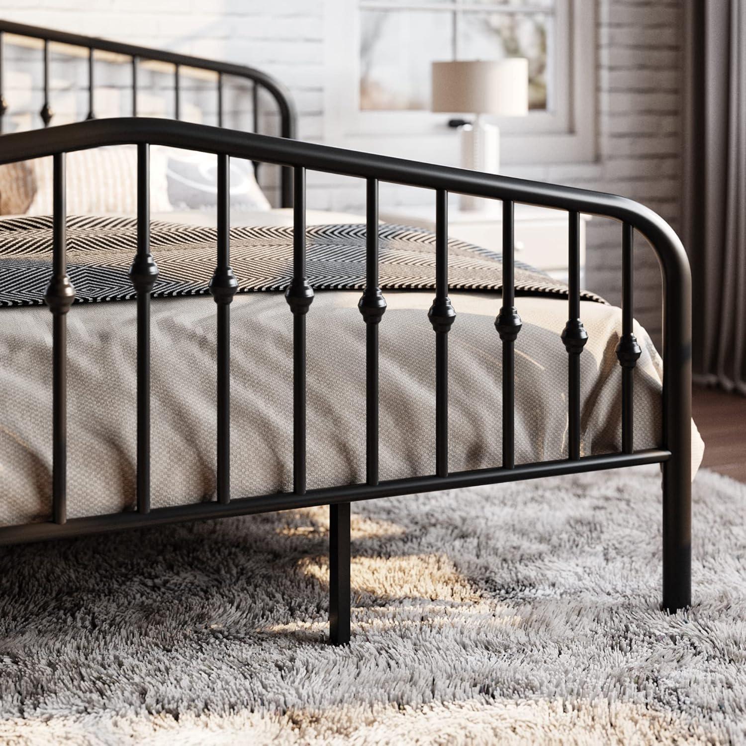 Queen Black Metal Platform Bed Frame with Victorian Headboard