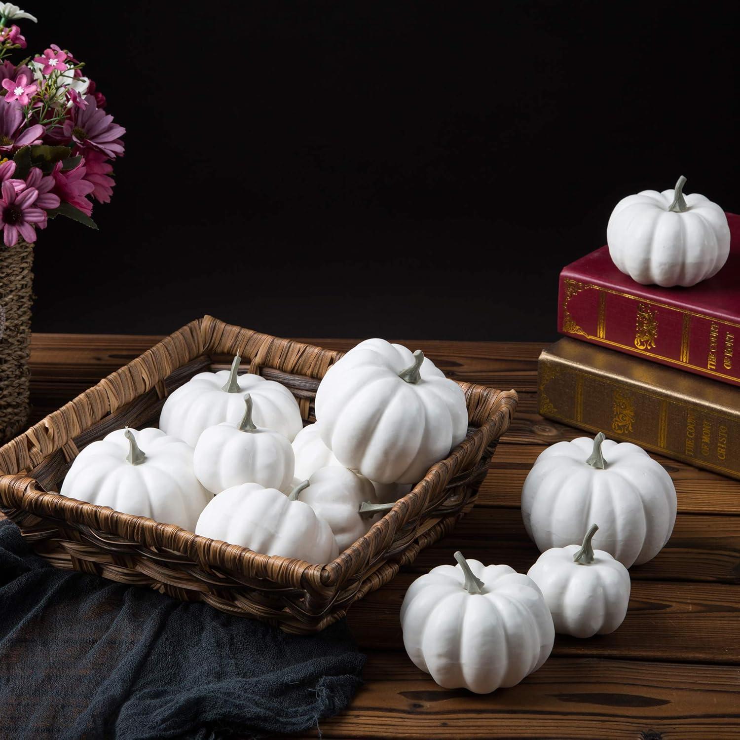 Bibana 12 Pack Artificial Assorted Pumpkins, Mini Fake Pumpkins Artificial Vegetables for Halloween,Harvest Thanksgiving Party Decor (White)