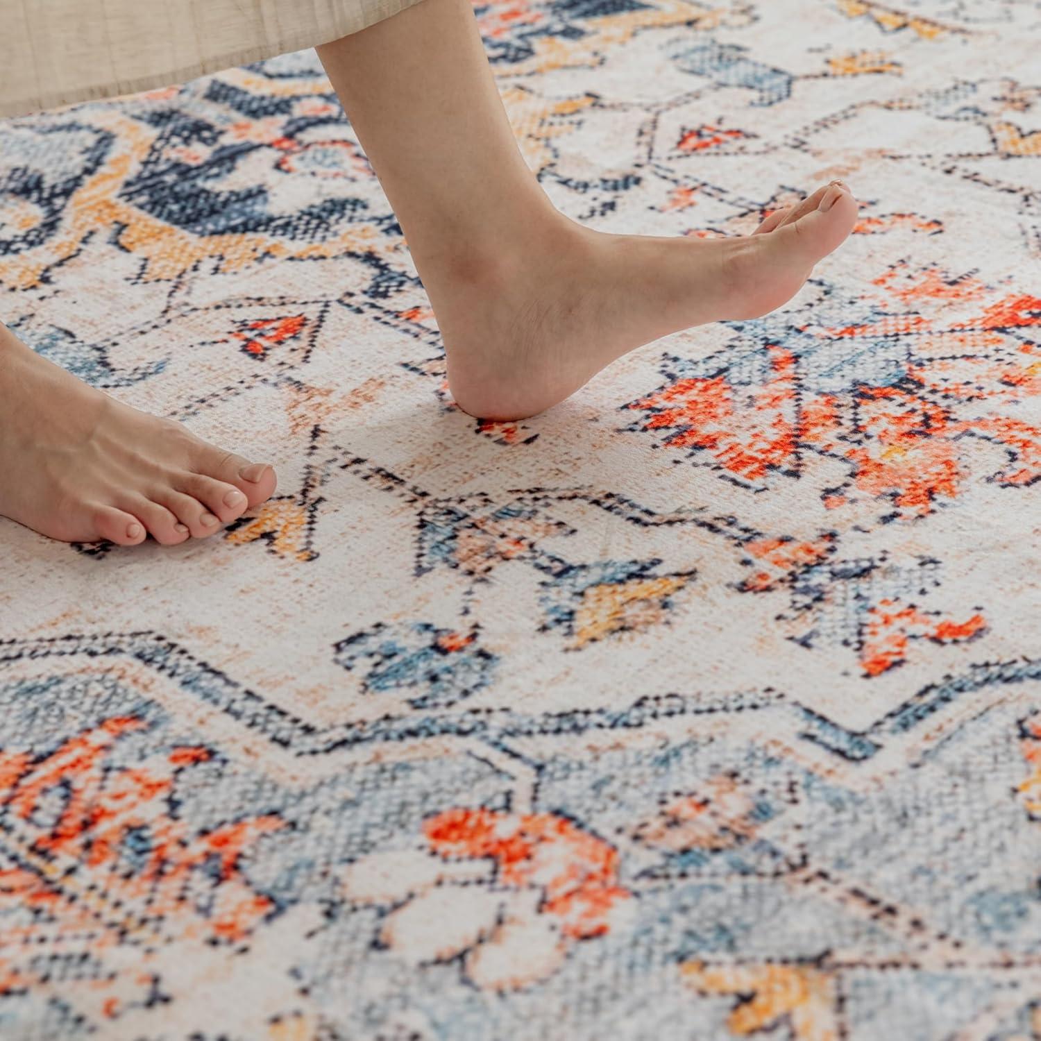 VK VK·LIVING 9x12 Area Rug Washable Rugs for Living Room Rug Vintage Design Boho Rug with Non Slip Living Room Rug Bedroom Carpet Stain Resistant, Home Decor, Blue&Orange