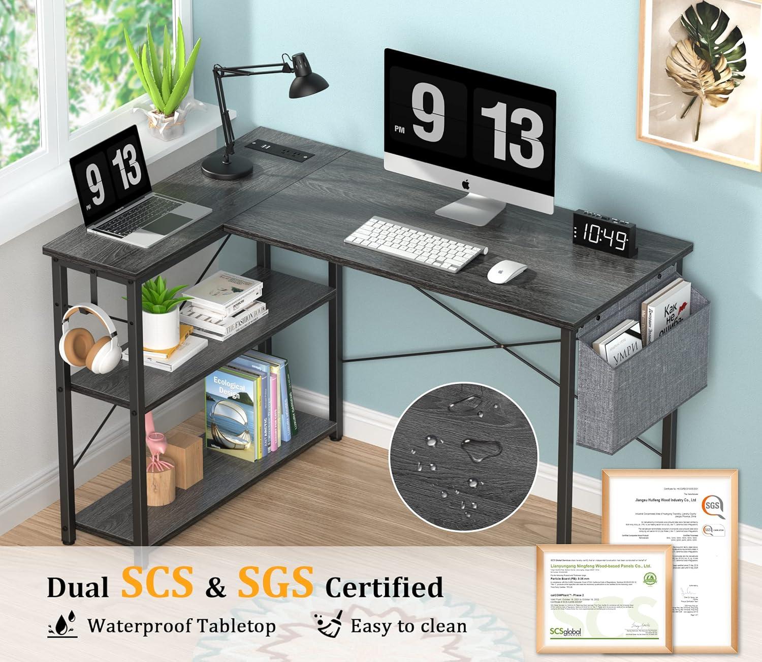 Mr IRONSTONE L Shaped Desk with Outlets & USB Ports, Reversible 47 Inch Office Desk, Corner Desk for Small Space, Home Office Desk with Storage Bag & Hook, Black