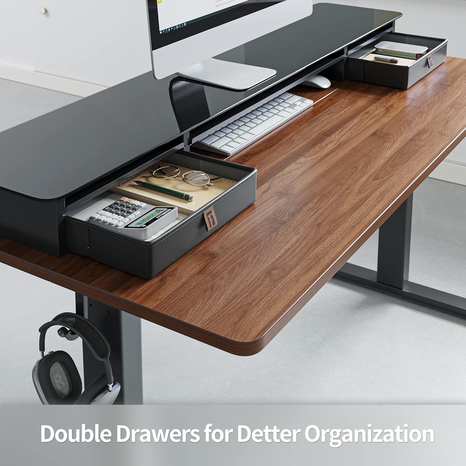 FEZIBO 55 x 24 Inch Height Adjustable Electric Standing Desk with Double Drawer, Sit Stand Desk, Black Walnut