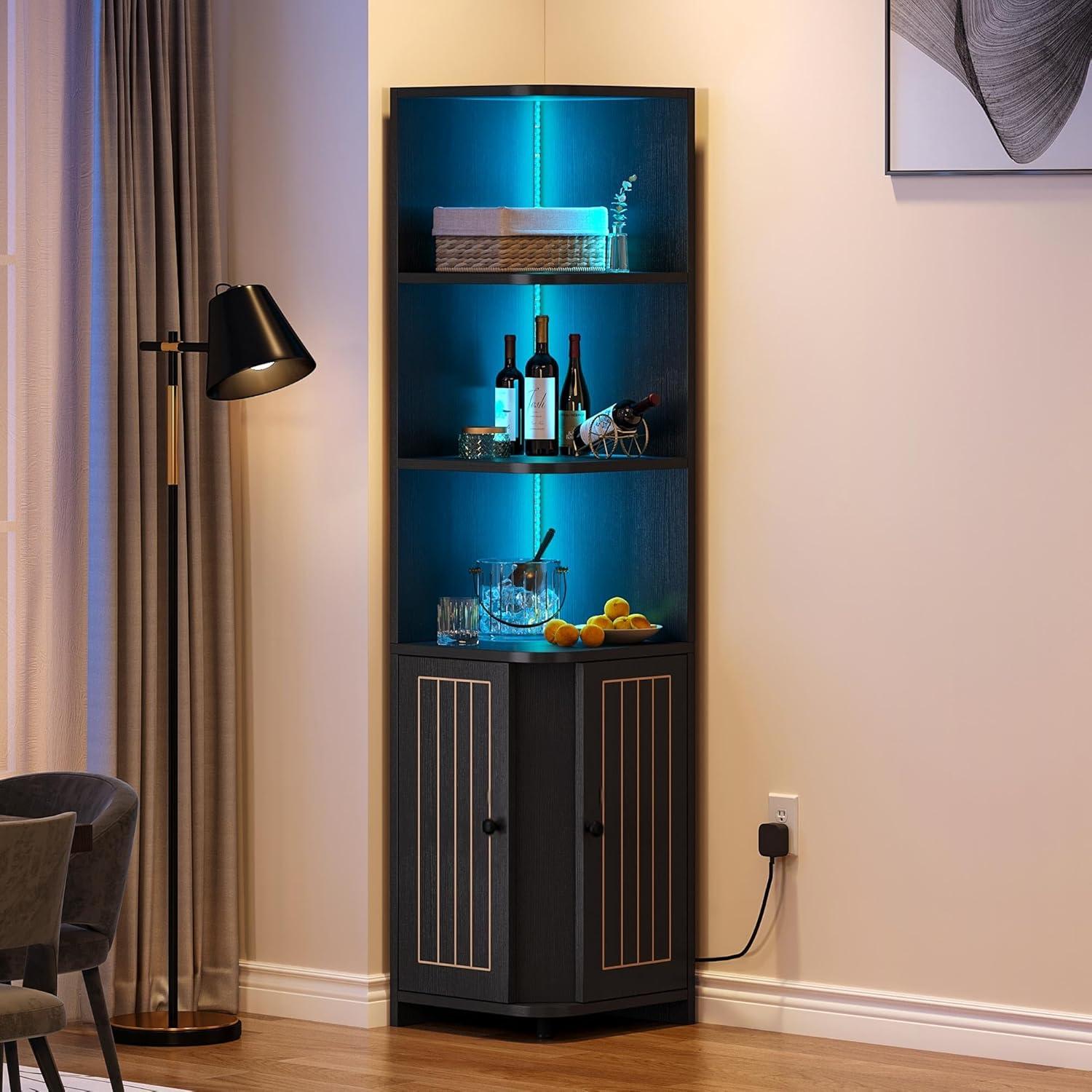 Black Adjustable Corner Cabinet with LED Lights and Storage