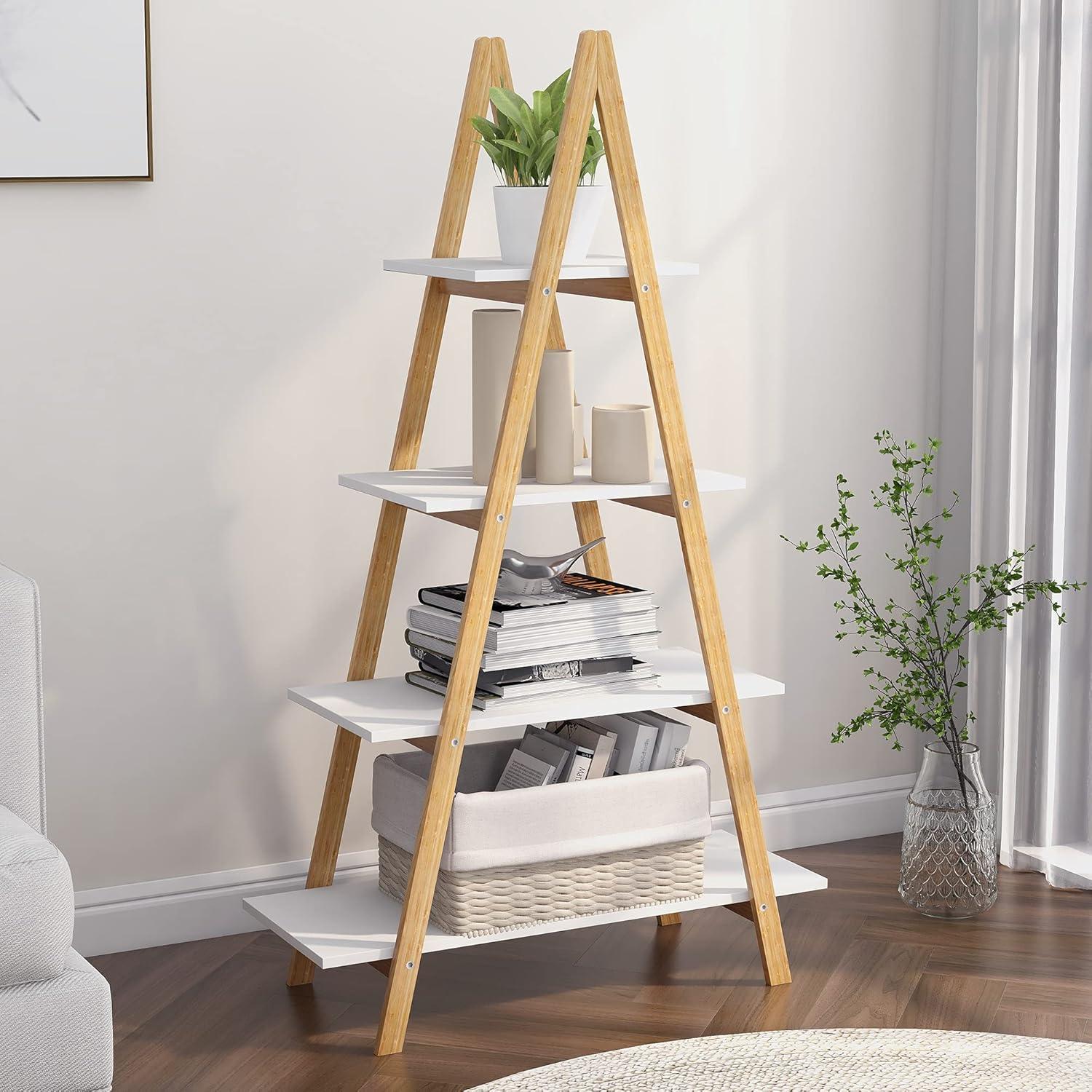 Solid Bamboo Wood A-Shaped Display Shelves, Classic 4-Tier Ladder Bookshelves with Open Shelf and Inclined Legs for Living Room, Office, White&Natural