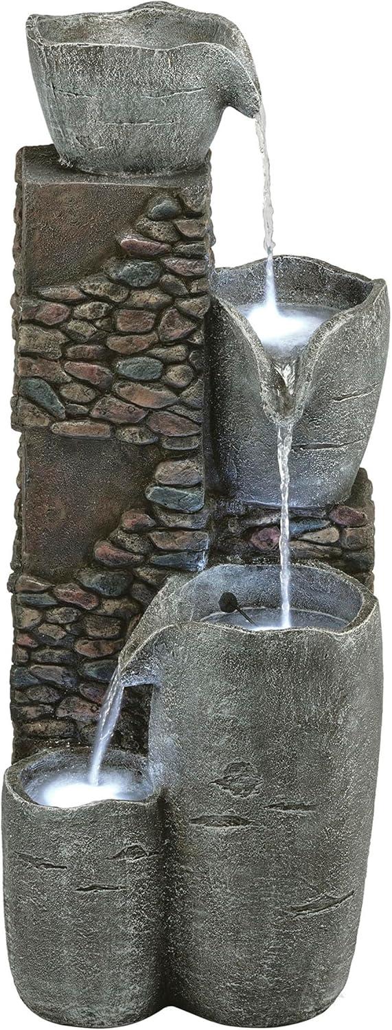 42" Resin Outdoor 4-Tier Stone Bowl Fountain with LED Lights Gray - Alpine Corporation: Weatherproof, Rust-Resistant Garden Decor