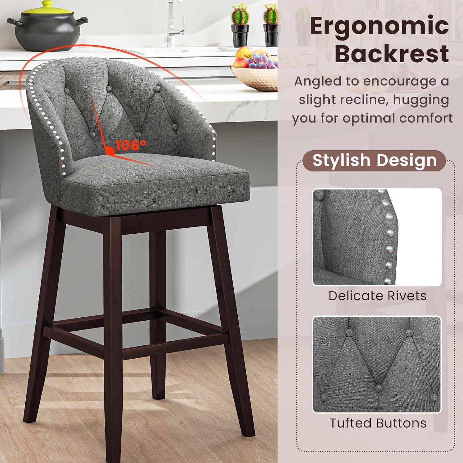 Gray Tufted Swivel Bar Stools with Rubber Wood Legs