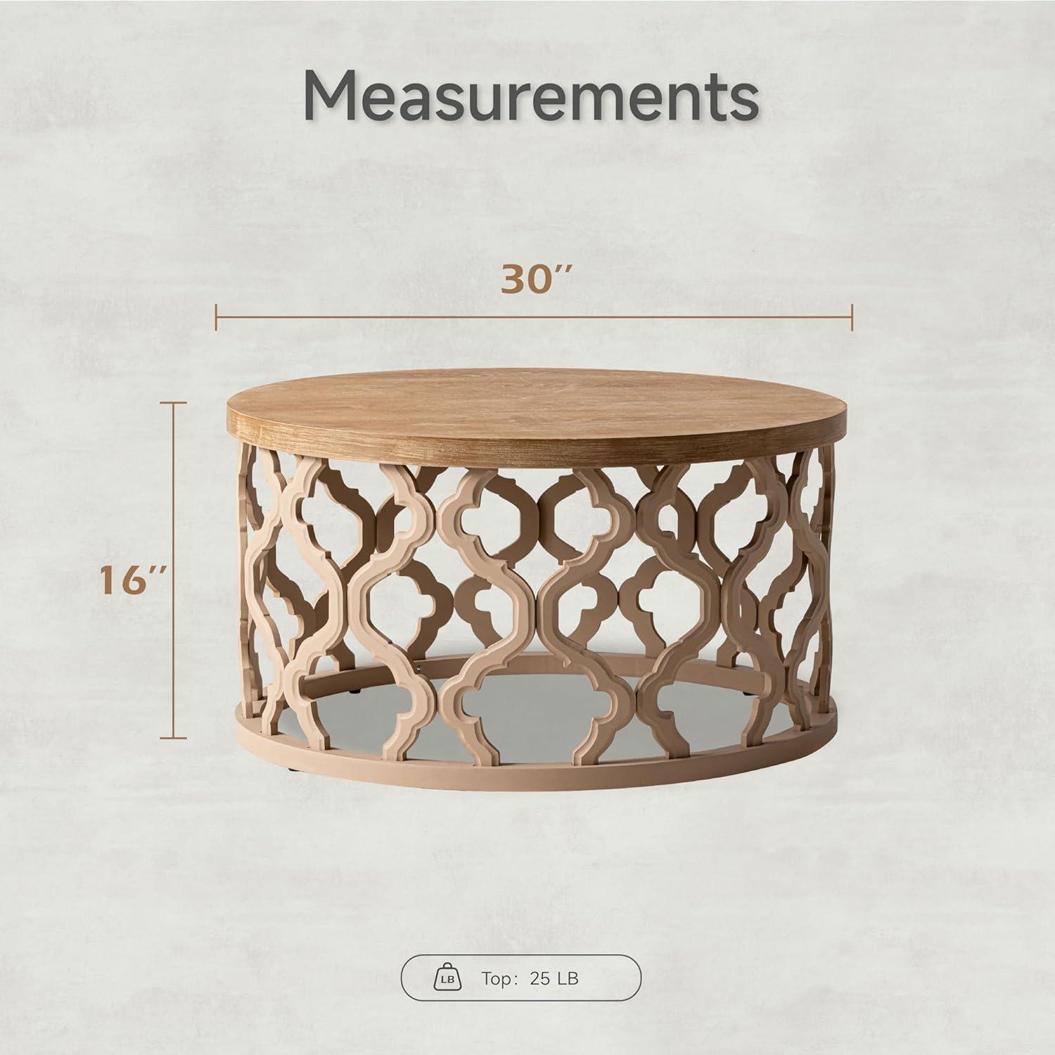 Round Natural Wood Coffee Table with Curved Motif Frame
