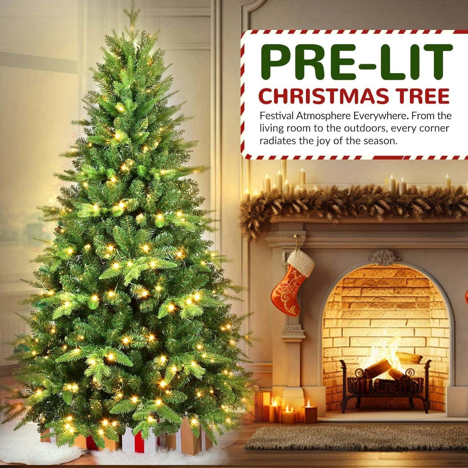 PAPROOS Prelit Christmas Trees, 5FT Artificial Christmas Tree with 250 Warm White LED Lights and 850 Branch Tips, Indoor Prelit Xmas Tree for Holiday Decor, Green
