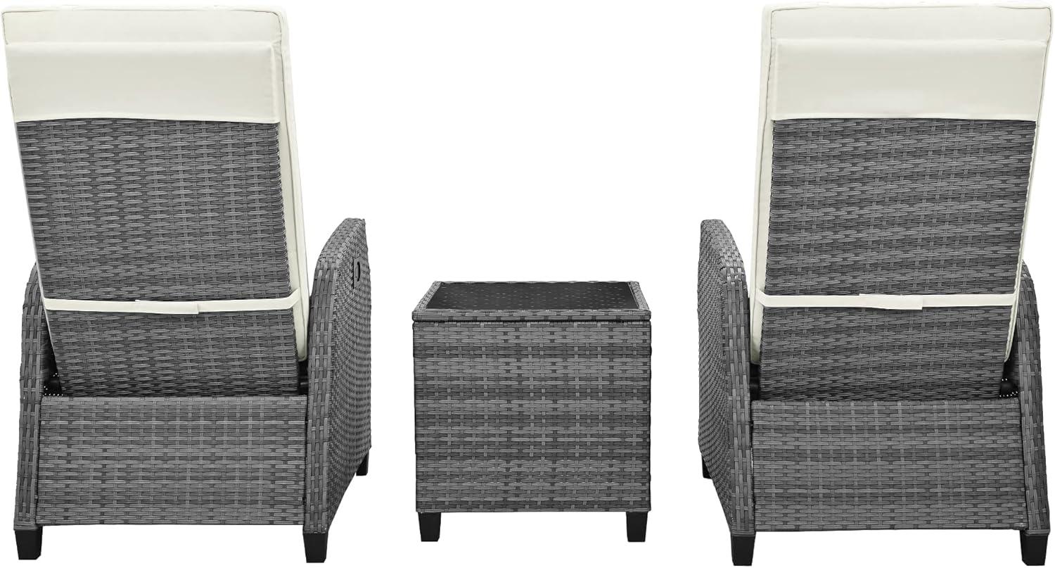 Outdoor Recliner Chairs Set of 2, 3 Piece Rattan Sofa Set, Patio Rocking Chairs Set with Adjustable Footrest, Outdoor Rattan Reclining Chairs with Table & Pillow for Backyard, Porch (Beige)