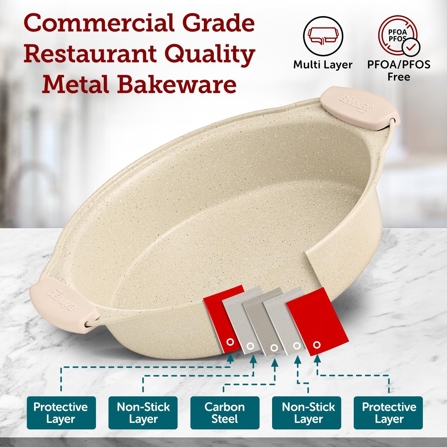 BAKKEN 6-Piece Deluxe Nonstick Baking Pan Set - Professional Grade Carbon Steel Bakeware with White Marble Coating & Silicone Handles