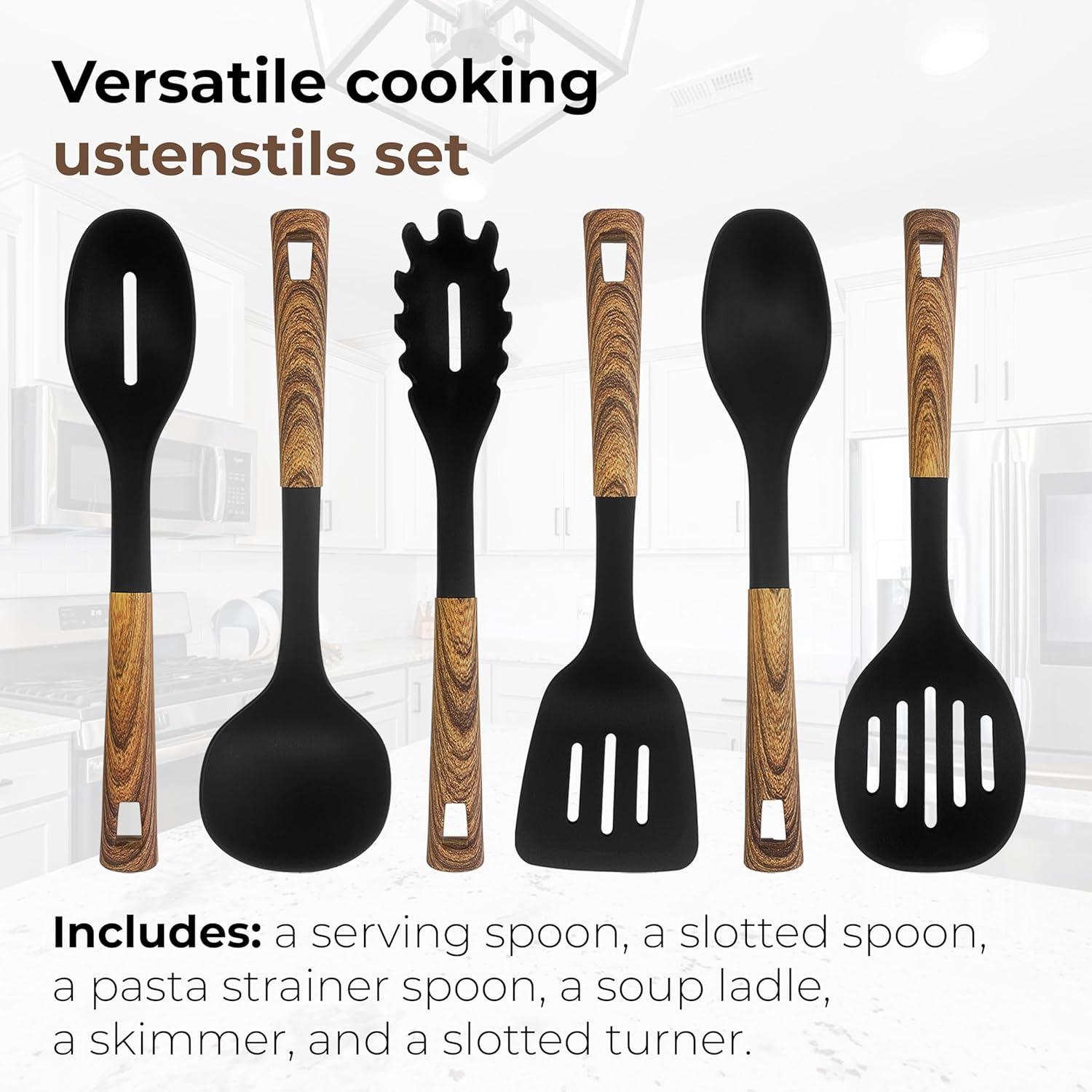 JS Gourmet 6 Pcs Kitchen Utensils Set, Heat Resistant Nylon Cooking Spoons Set for Nonstick Cookware with Wooden Coated Handles