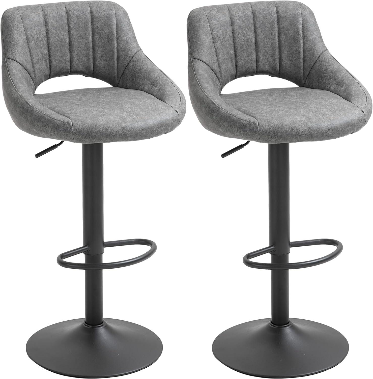 HOMCOM Modern Bar Stools Set of 2 Swivel Bar Height Barstools Chairs with Adjustable Height, Round Heavy Metal Base, and Footrest, Gray